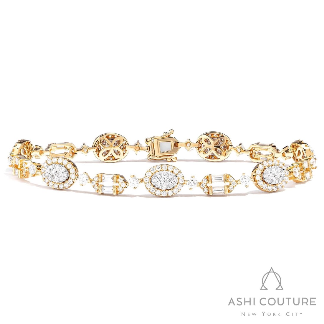 Fiori Vintage 3.7 ctw White Diamond 18K Yellow & White Gold Link Bracelet: An exquisite masterpiece of haute joaillerie, this breathtaking Fiori Vintage bracelet featuring Natural Diamonds is a true treasure. A detailed Link gallery secures the stones, rendered in 14.05 gram