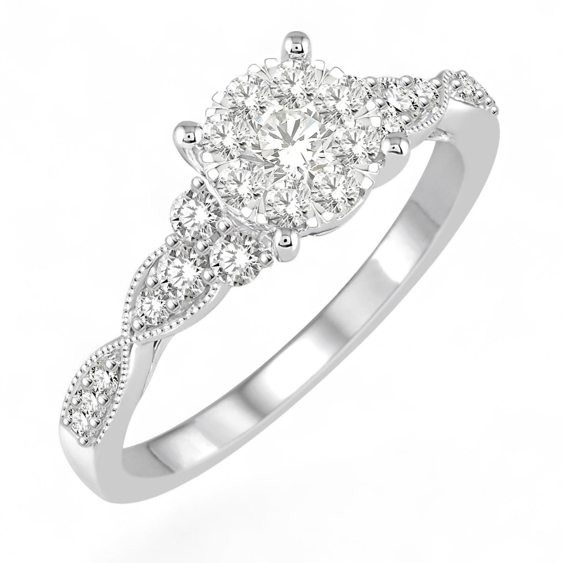 0.54 Ctw Cluster Engagement White Diamond Modern 14K White Gold Ring - Certified: A symphony of light and color, this exquisite Cluster Engagement Milgrain ring featuring Natural Diamonds embodies the pinnacle of luxury. The gemstones are nestled within a Cluster framework, support