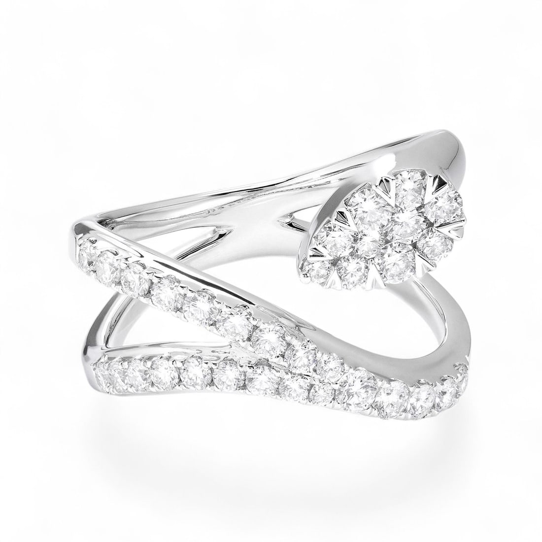 0.91 Ctw Fiori Ethereal Cluster Diamond Modern 18K White Gold Ring - Certified: An exquisite masterpiece of haute joaillerie, this magnificent Fiori Ethereal Cluster ring featuring Natural Diamonds is a true treasure. Showcasing the gems in a Cluster arrangement, the ring consist