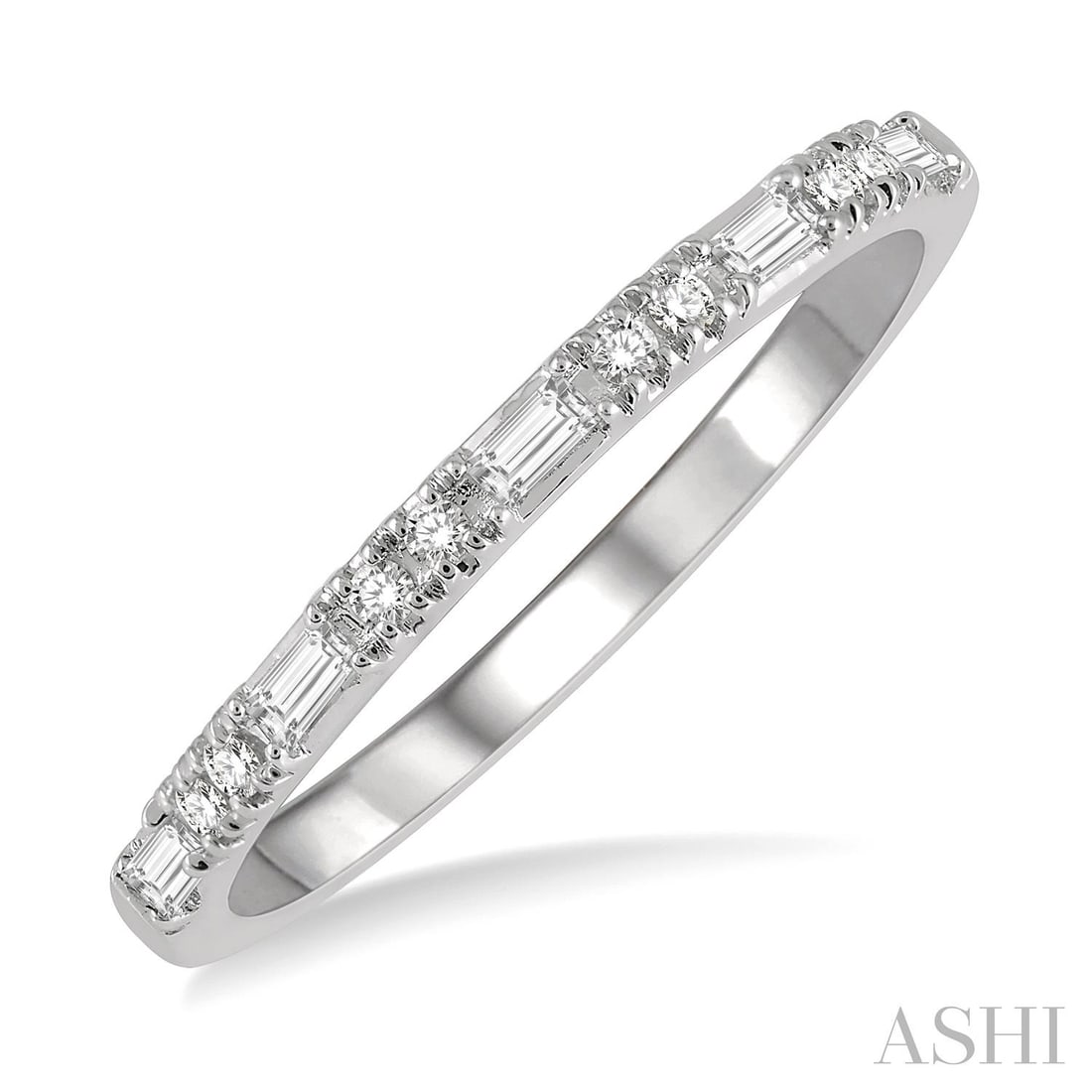 0.17 ctw Baguette and Round Diamond 14K White Gold Band Ring: Captured in a moment of brilliance, this magnificent Stack Band band ring featuring White Diamond speaks to the connoisseur. Securely held in a classic Half-Eternity Band design, the band ring is forg