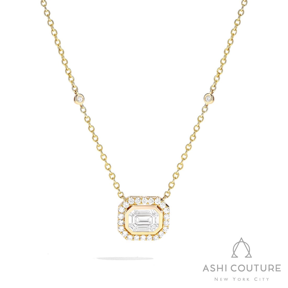 1.01 ctw Empress Emerald Cut Diamond Halo 18K Yellow Gold Pendant Necklace: A testament to superior craftsmanship, this breathtaking Halo pendant necklace featuring White Diamonds is unparalleled. A detailed Halo gallery secures the stones, rendered in 2.9 grams of lustrous 1