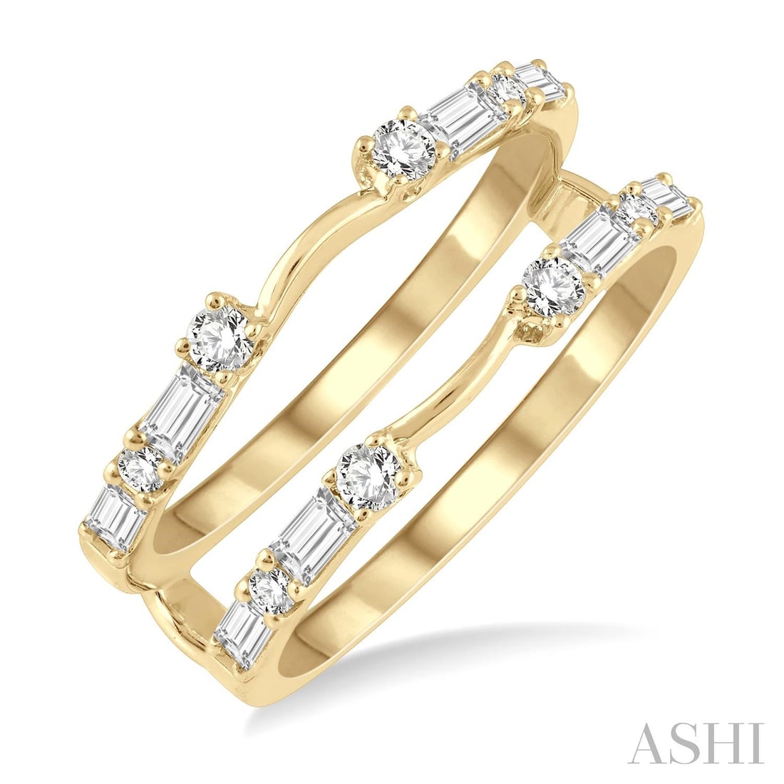 0.59 ctw Round and Baguette Diamond 14K Yellow Gold Insert Ring: A vision of luxury, this elegant Insert ring featuring Natural Diamonds defines sophistication. Expertly mounted in an Insert setting, the ring is crafted in 3.55 grams of solid 14K Yellow Gold. This 