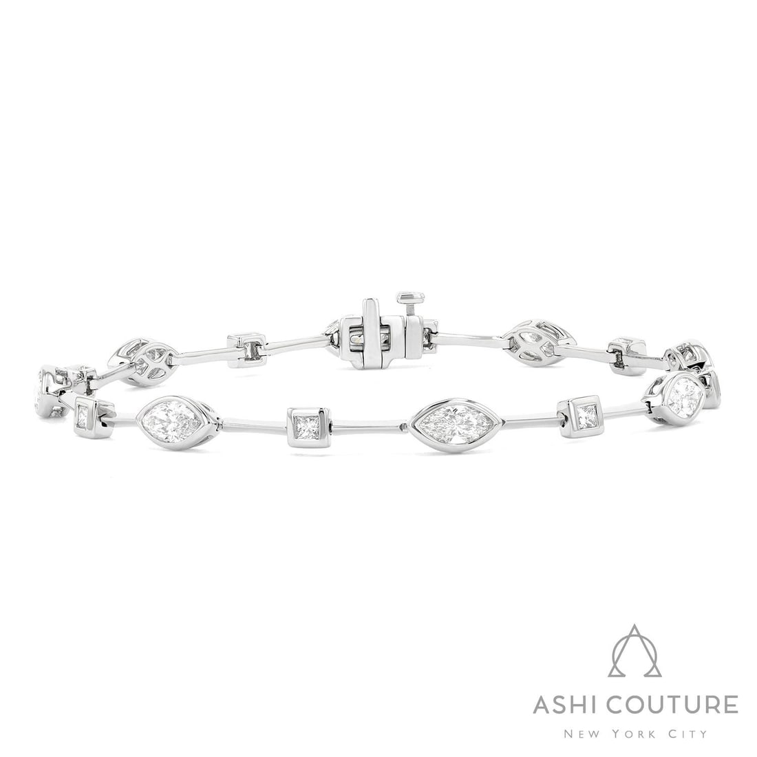 2.82 ctw Multishape Diamond Bar 18K White Gold Bracelet: Epitomizing grandeur, this magnificent Bar bracelet featuring White Diamond stands as a beacon of refined taste. Crafted with precision, the Bezel setting is seamlessly integrated into 8.4 grams of 18