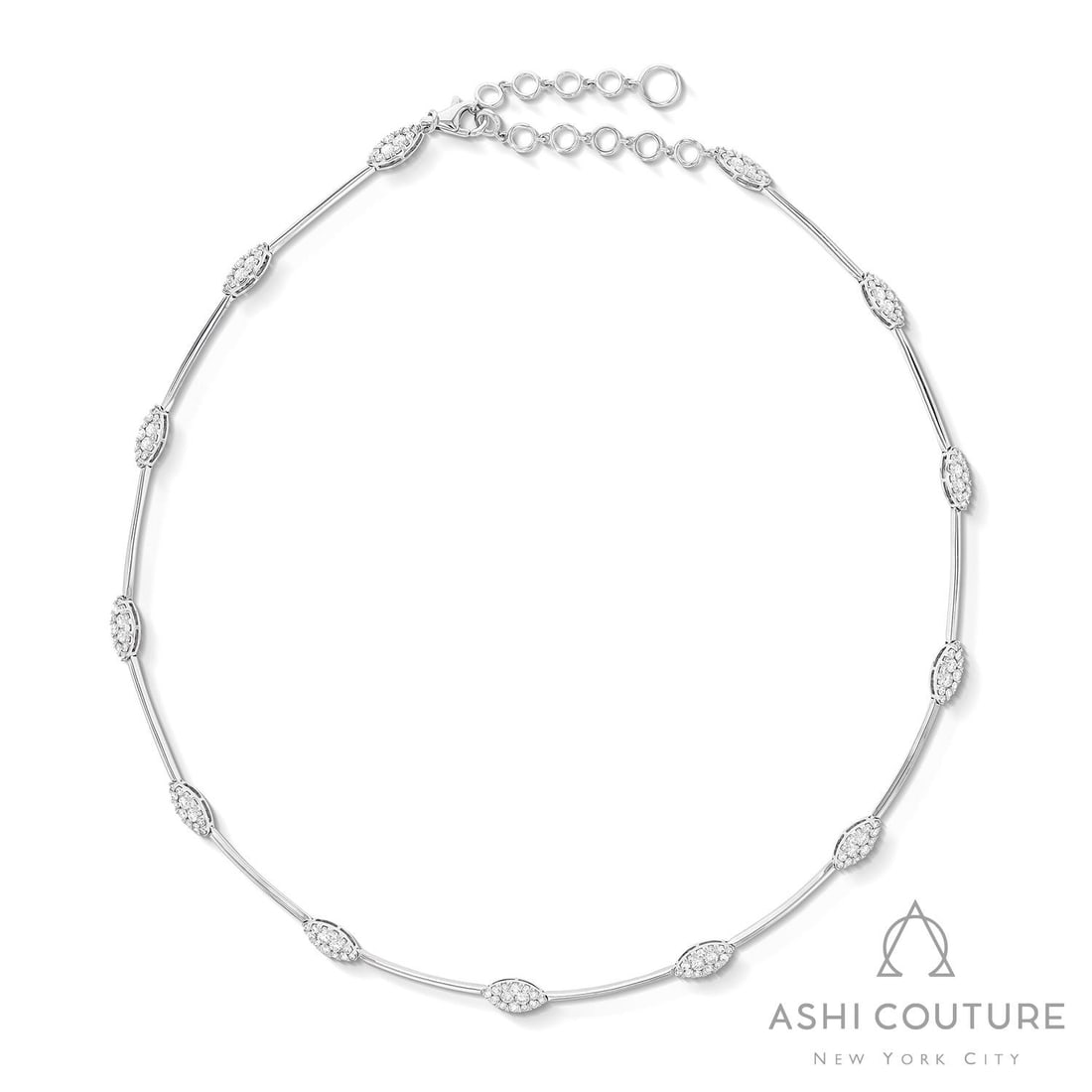 3.34 ctw Diamond Fiori Marquise Cluster 18K White Gold Necklace: A testament to superior craftsmanship, this magnificent Marquise Bar Cluster necklace featuring Natural Diamonds is unparalleled. Showcasing the gems in a Cluster arrangement, the necklace consists of
