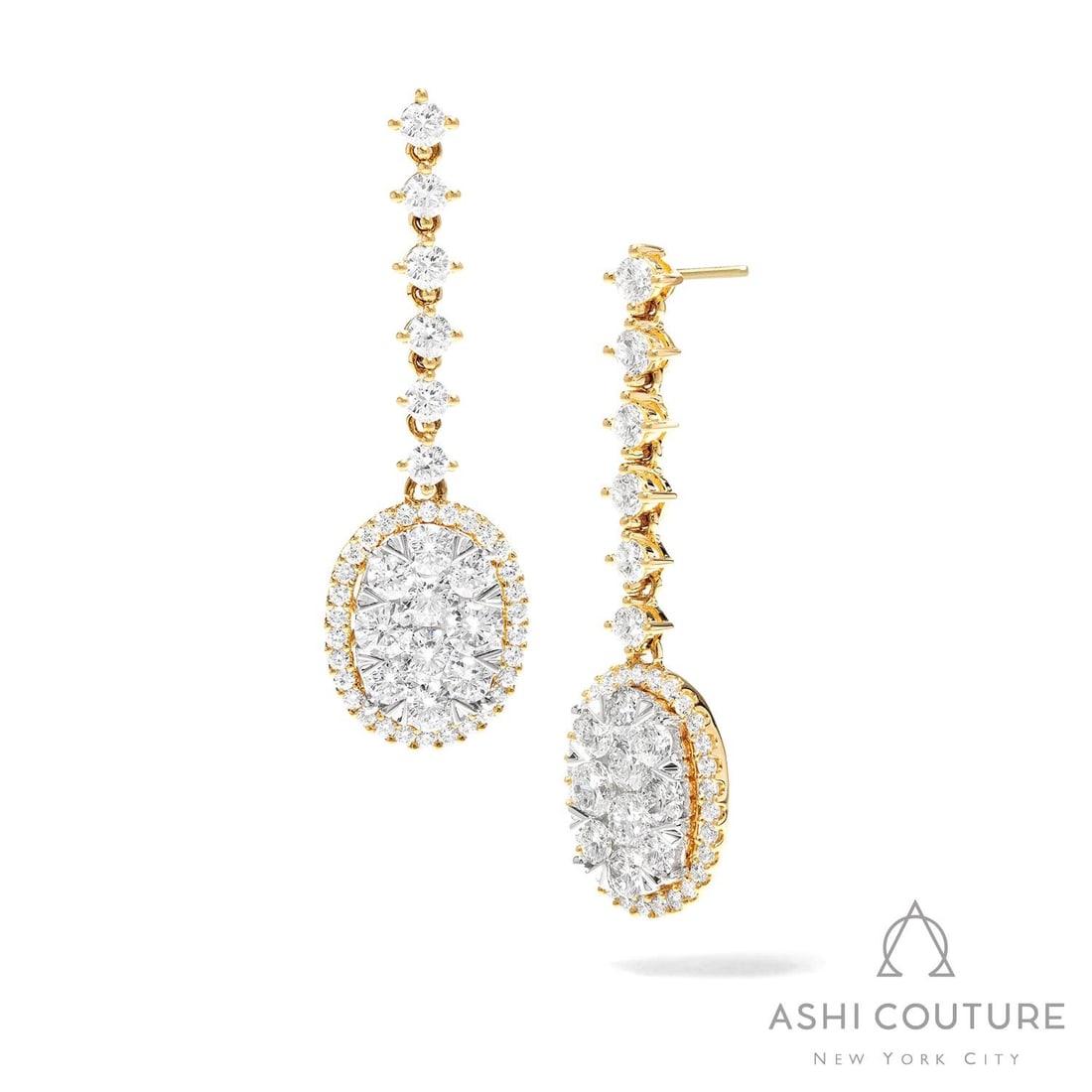 3.96 ctw Diamond Halo Cluster Drop 18K Yellow & White Gold Earrings: Defining modern elegance, this breathtaking Halo Cluster Drop pair of earrings featuring White Diamond captures the essence of style. The gemstones are nestled within a Halo Cluster Drop framework, su