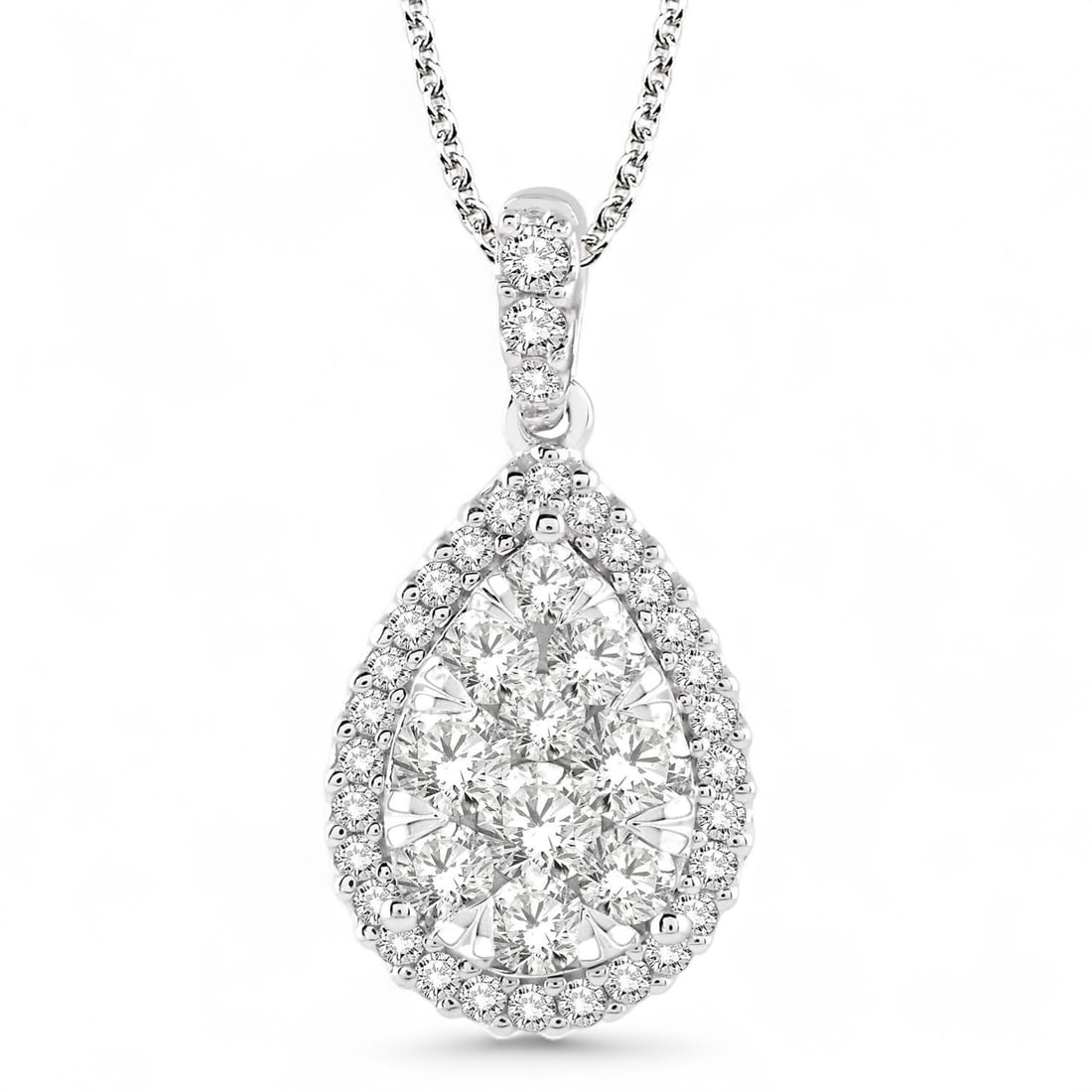 1.96 CTW Pear Shape Cluster Round White Diamond Modern 14K White Gold Pendant - Certified: Exuding opulence and grace, this magnificent Pear Shape Cluster pendant featuring Natural Diamonds is crafted for the distinguished. Showcasing the gems in a Halo arrangement, the pendant consists of 