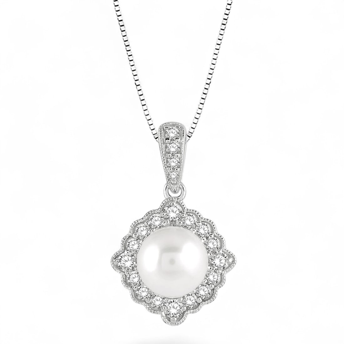 7 MM Cultured Pearl and 0.2 Ctw Halo White Diamond Modern 10K White Gold Necklace - Certified: Rare and radiant, this stunning Halo Pendant necklace featuring Pearl and Natural Diamonds offers a touch of the extraordinary. Showcasing the gems in a Halo arrangement, the necklace consists of 1.2 