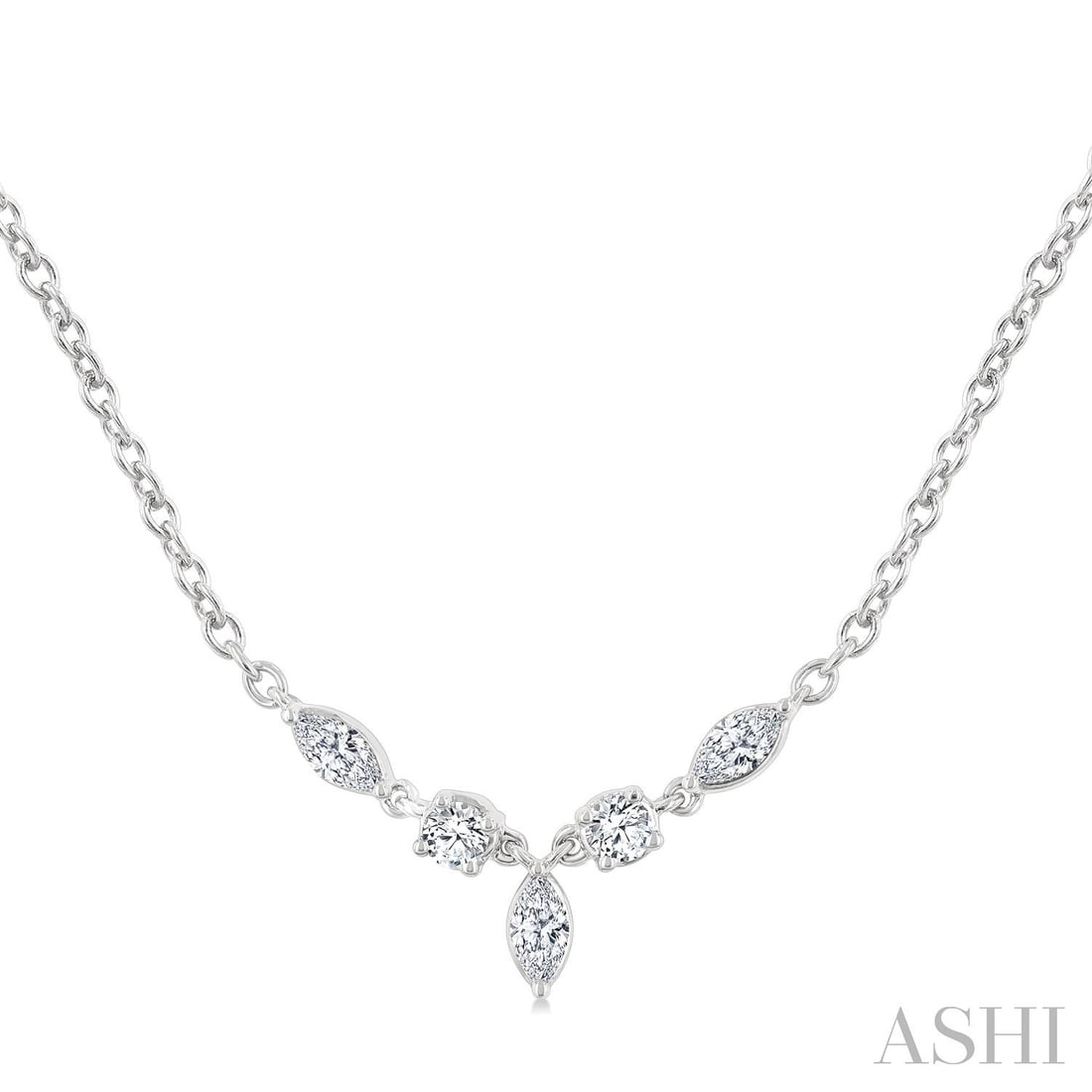 0.33 ctw Marquise & Round Diamond 14K White Gold Necklace: A testament to superior craftsmanship, this stunning Mixed Fancy Shapes necklace featuring White Diamond is unparalleled. Showcasing the gems in a Cluster arrangement, the necklace consists of 0.55 gr