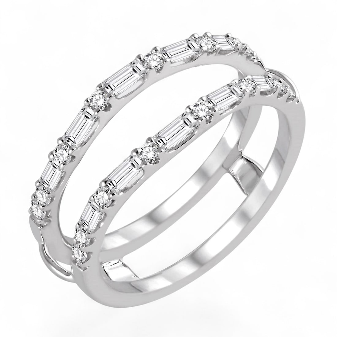 0.59 Ctw Baguette And Round Cut Insert White Diamond Modern 14K White Gold Ring - Certified: Captured in a moment of brilliance, this magnificent Insert ring featuring Natural Diamonds speaks to the connoisseur. Securely held in a classic Insert design, the ring is forged from 3.35 grams of h