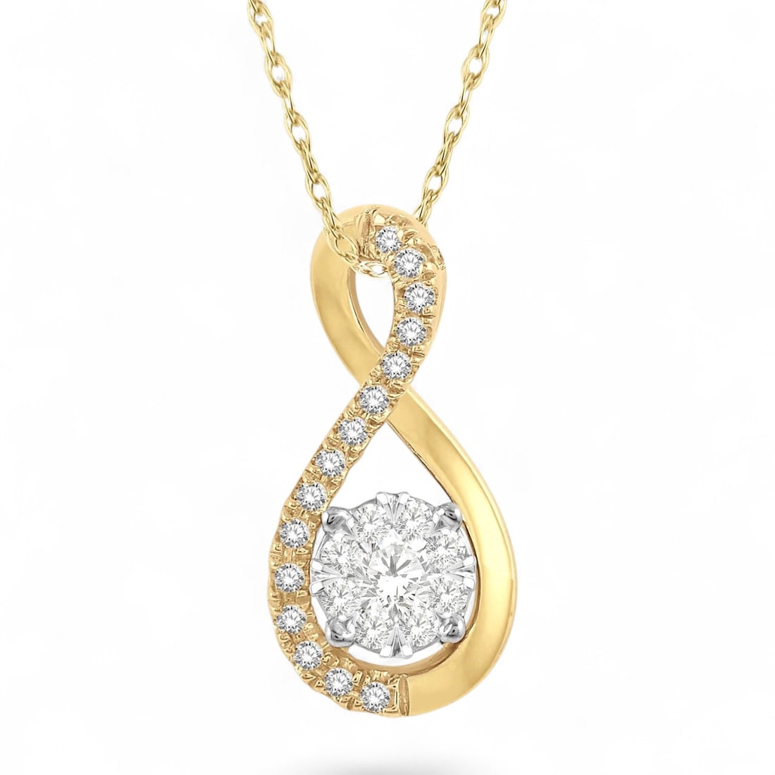 0.22 Ctw Twisted Loop Cluster White Diamond Modern 14K Yellow And White Gold Pendant - Certified: Captured in a moment of brilliance, this stunning Twisted Loop Cluster pendant featuring Natural Diamonds speaks to the connoisseur. Expertly mounted in a Cluster setting, the pendant is crafted in 1.