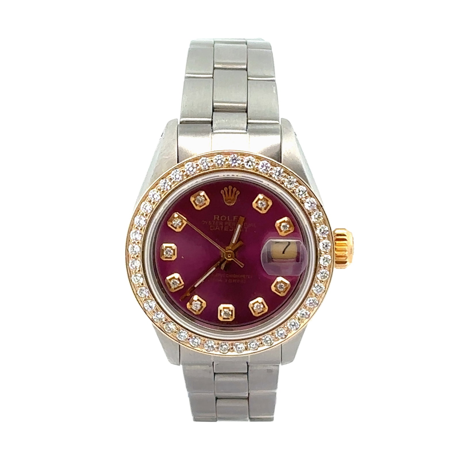 Rolex Lady-Datejust 6916 Steel Purple Diamond Dial & Diamond Bezel 26mm Oyster: The Rolex Lady-Datejust, Reference 6916, is a captivating expression of feminine elegance. Crafted from durable stainless steel, this timepiece features a truly unique custom purple diamond dial t