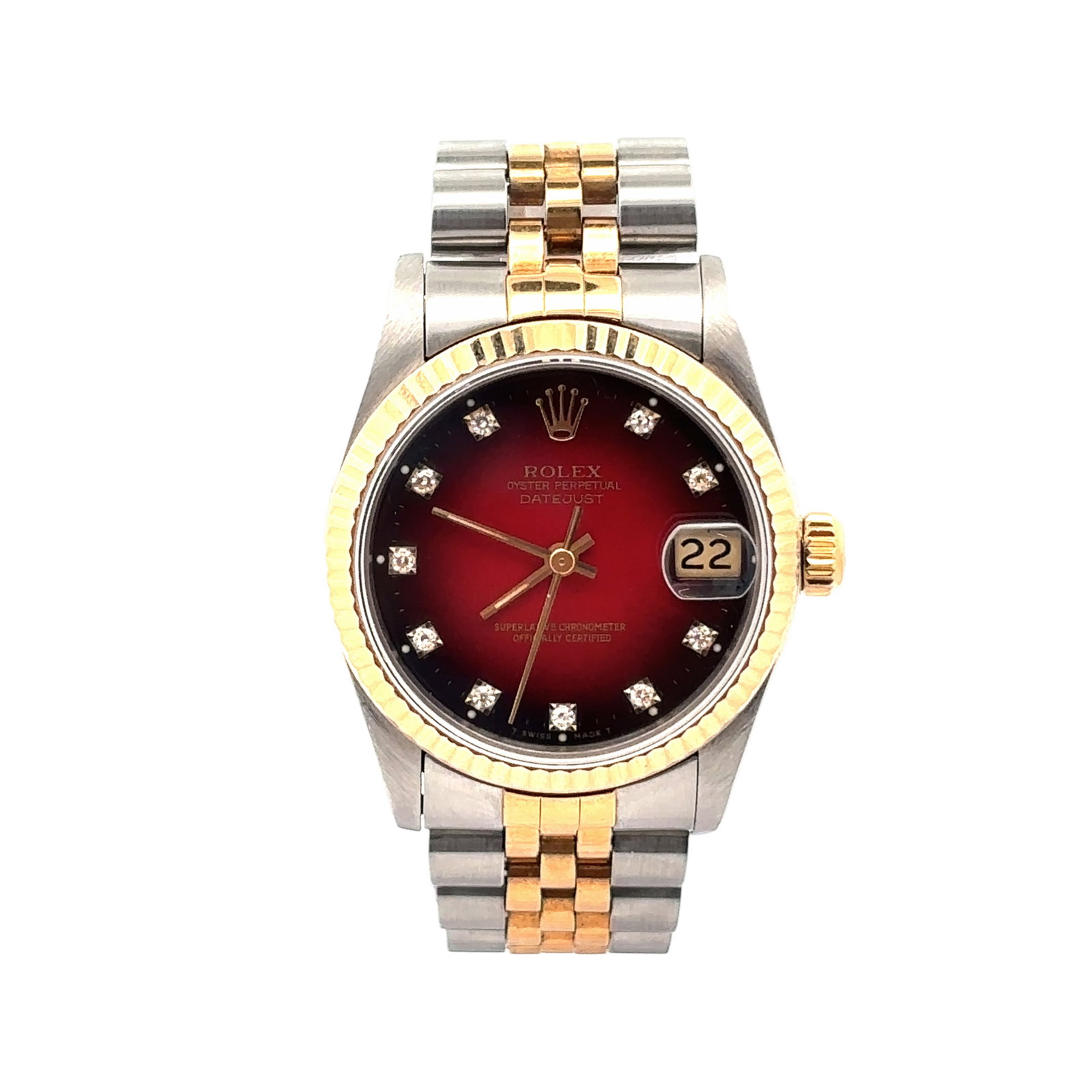 Rolex Datejust Midsize 68273 Two-Tone Red Vignette Diamond Dial: The Rolex Datejust Midsize, Reference 68273, is a captivating blend of elegance and timeless design. Crafted in a luxurious two-tone combination of yellow gold and stainless steel, this ladies' wristw