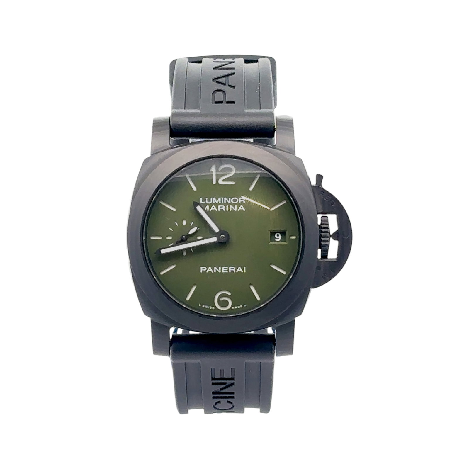 Panerai Luminor Quaranta Carbotech PAM01526 Green Dial: The Panerai Luminor Quaranta Carbotech, Reference PAM01526, is a stunning Mexico-exclusive edition introduced at SIAR 2024. Crafted from ultra-light Carbotech?, the 40mm case exhibits a distinctive la
