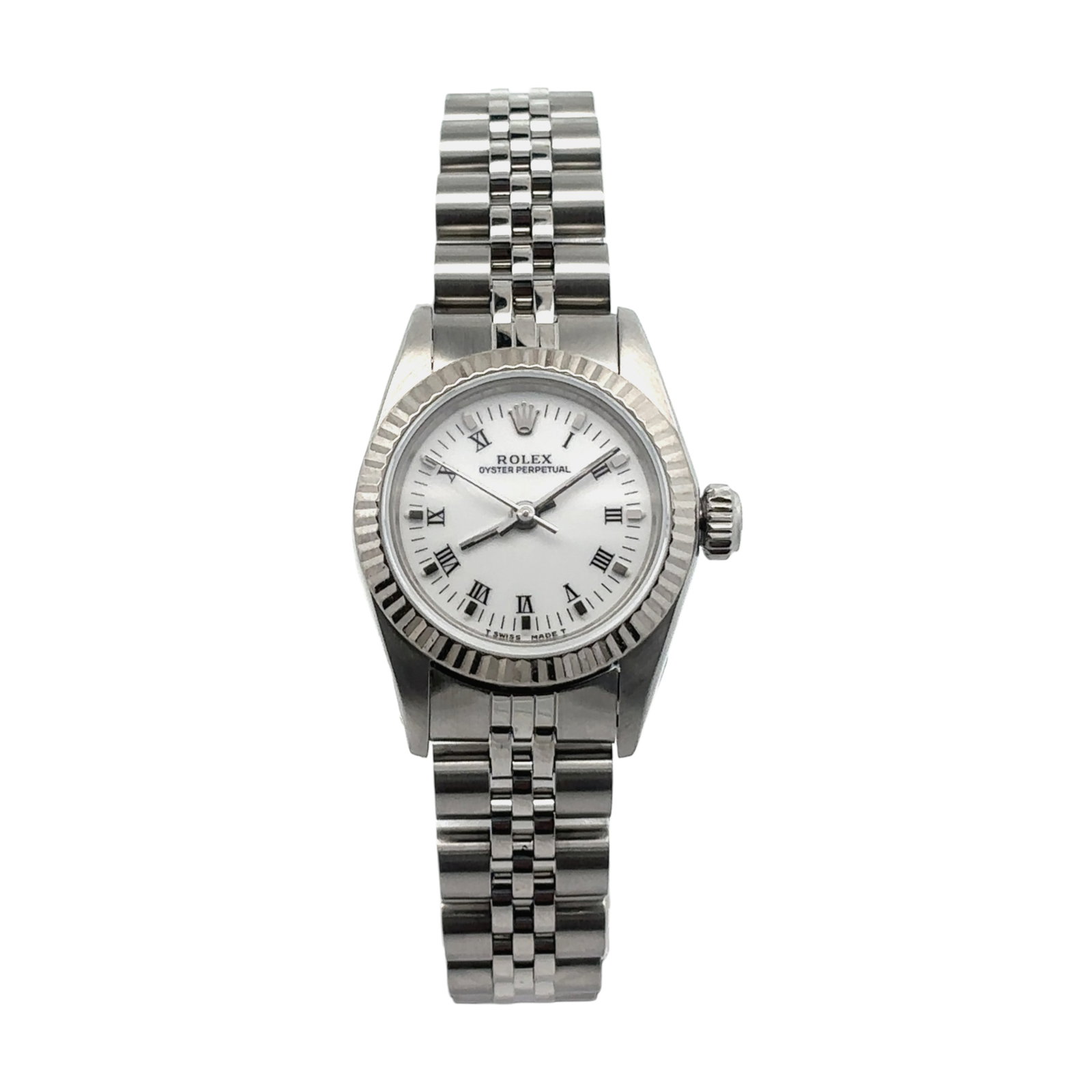 Rolex Oyster Perpetual 67194 Stainless Steel White Dial: The Rolex Oyster Perpetual Lady, Reference 67194, is a timeless icon of understated elegance. Crafted from resilient stainless steel, this timepiece showcases a pristine white dial that exudes cla
