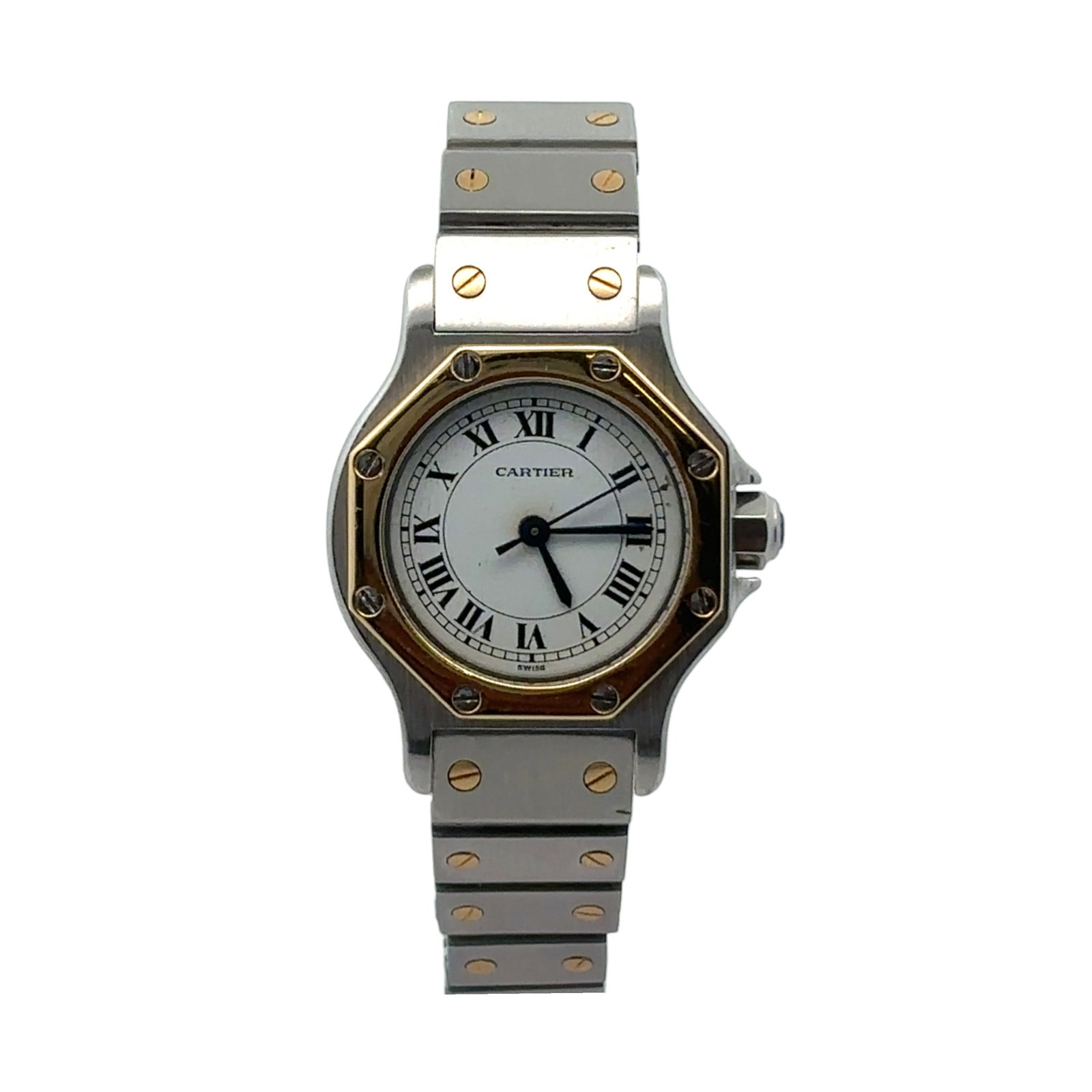 Cartier Santos Octagon 907 Two-Tone Steel & Gold White Roman Dial: The Cartier Santos Octagon, Reference 907, exudes timeless sophistication with its iconic design. Crafted in a luxurious combination of stainless steel and 18k yellow gold, this 24mm timepiece feature
