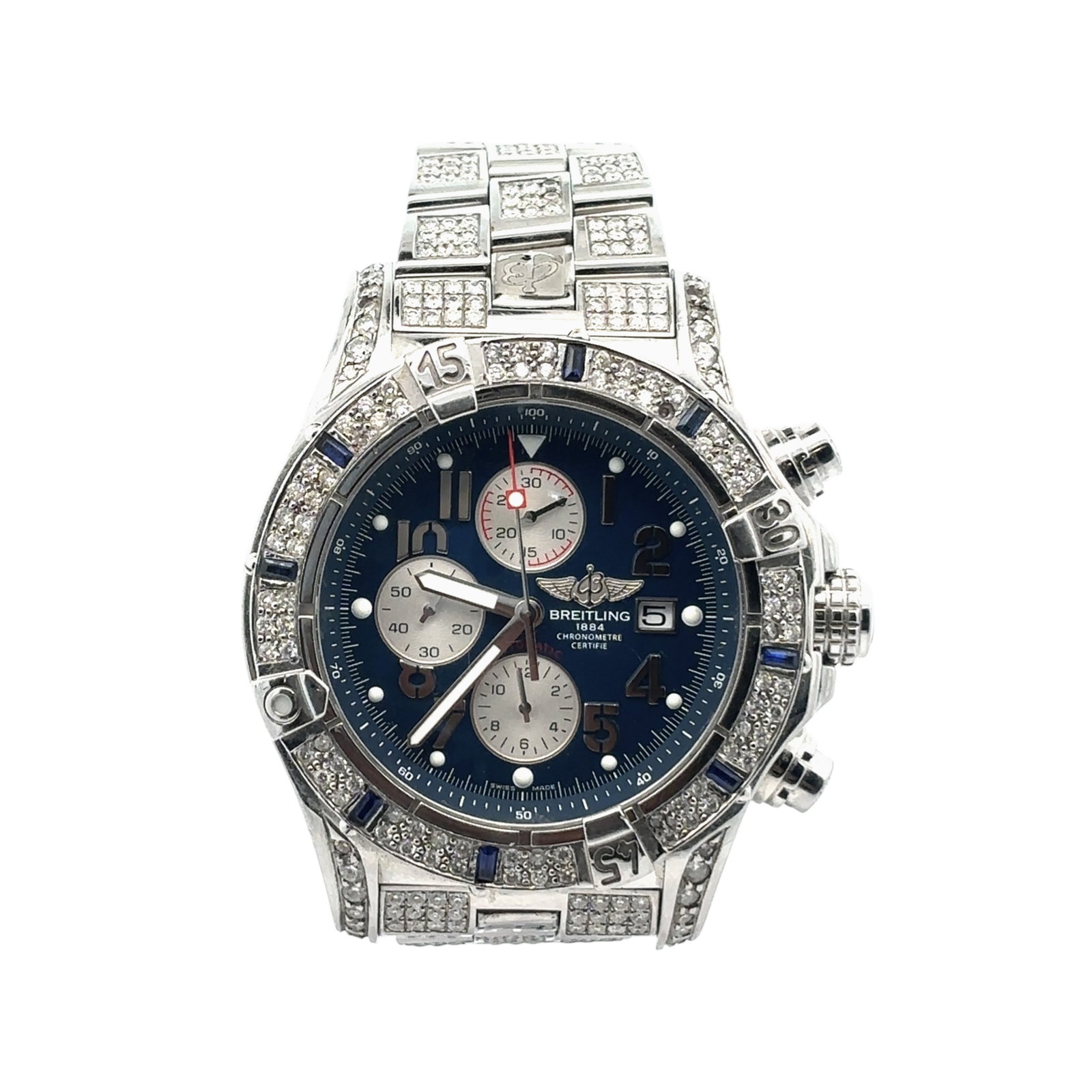 Breitling Super Avenger Chronograph A13370 Stainless Steel Blue Dial: The Breitling Super Avenger Chronograph, Reference A13370, is a bold and commanding timepiece that fuses rugged aviation heritage with elevated luxury. Crafted in robust stainless steel, this 48mm sta