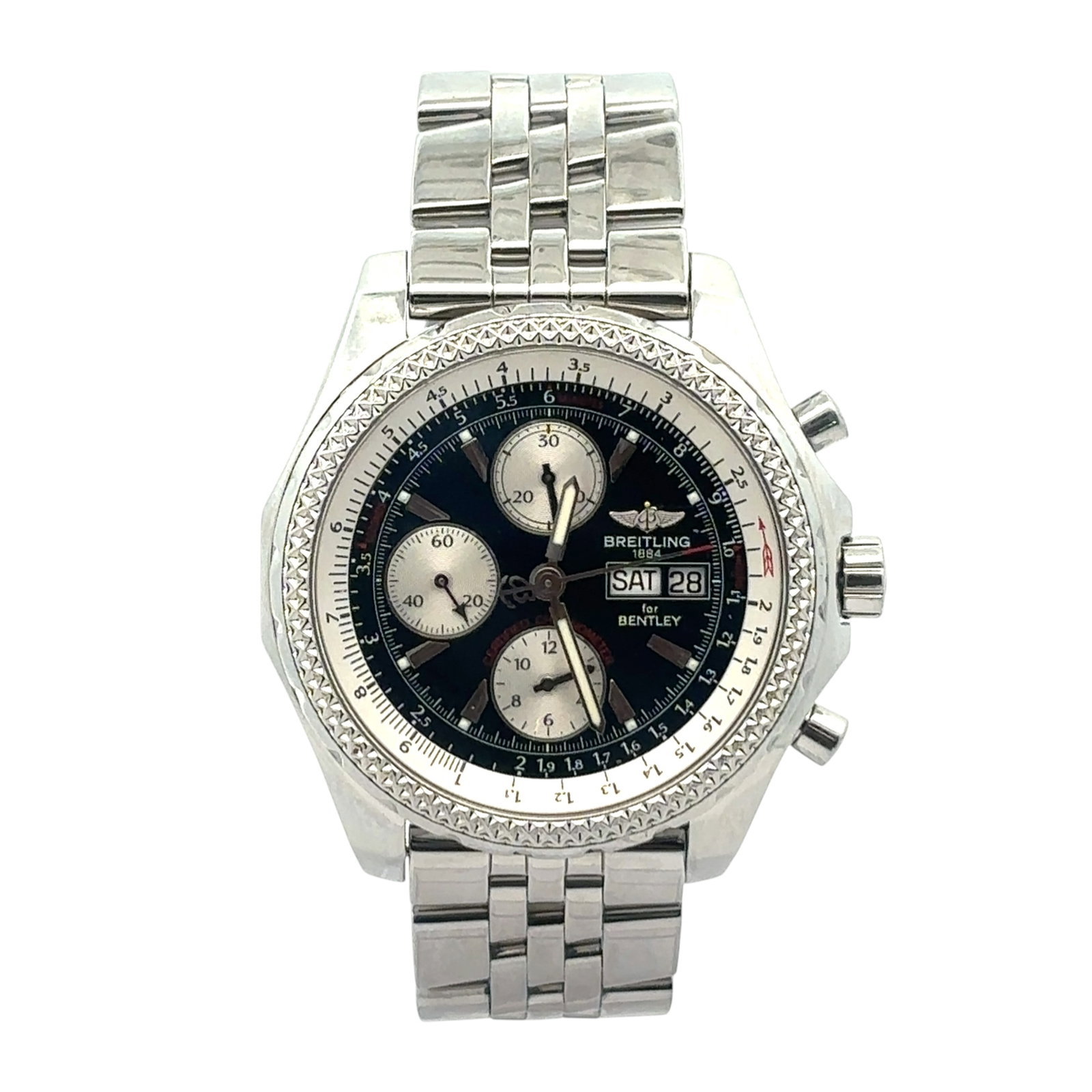 Breitling Bentley GT 45mm Ref. A13362 Steel Black Index Dial: The Breitling Bentley GT, Reference A13362, is a bold expression of automotive-inspired horology. Crafted from robust stainless steel, this timepiece features a commanding black index dial with th