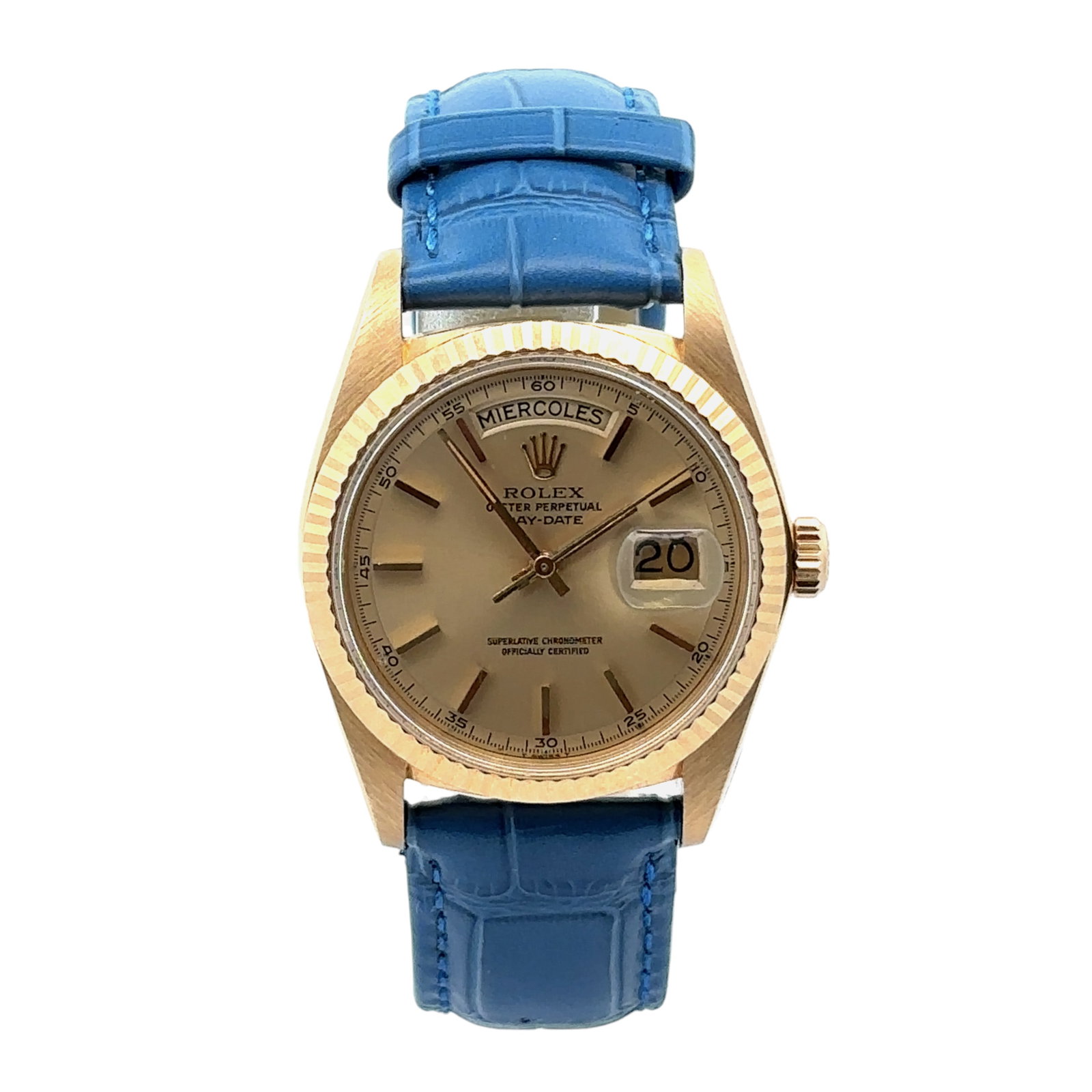 Rolex Day-Date 1803 18K Yellow Gold Champagne Stick Dial: The Rolex Day-Date, Reference 1803, is a timeless emblem of prestige. Crafted in 18K yellow gold, this 36mm timepiece features a stunning Champagne Stick Dial with applied hour markers, perfectly