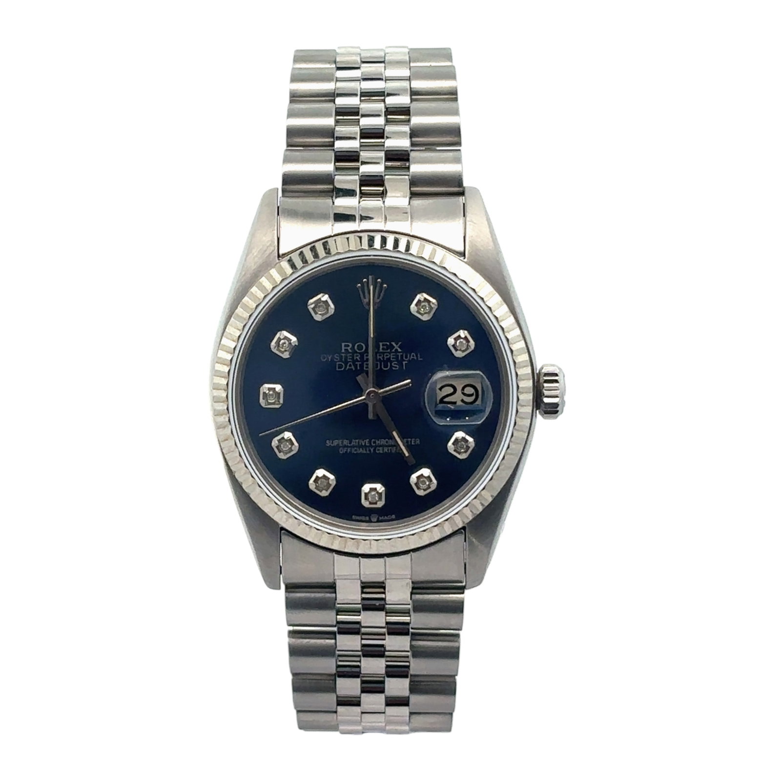 Rolex Oyster Perpetual Datejust 36mm 16014 Custom Blue Diamond Dial Fluted Bezel Stainless Steel: The Rolex Oyster Perpetual Datejust, Reference 16014, is a timeless classic that blends elegance and performance. Crafted in stainless steel with an 18k white gold fluted bezel, this timepiece fea