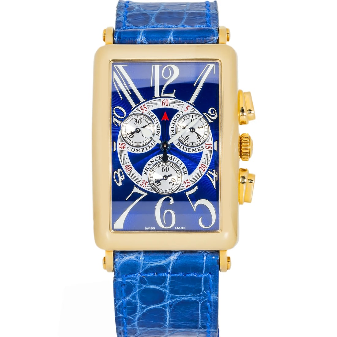 Franck Muller Long Island 1000CC QZ 18K Gold Blue Dial: The Franck Muller Long Island, Reference 1000CC QZ, is a stunning embodiment of elegant design. Crafted in luxurious 18K gold, this timepiece features a captivating blue dial with silver Arabic nu