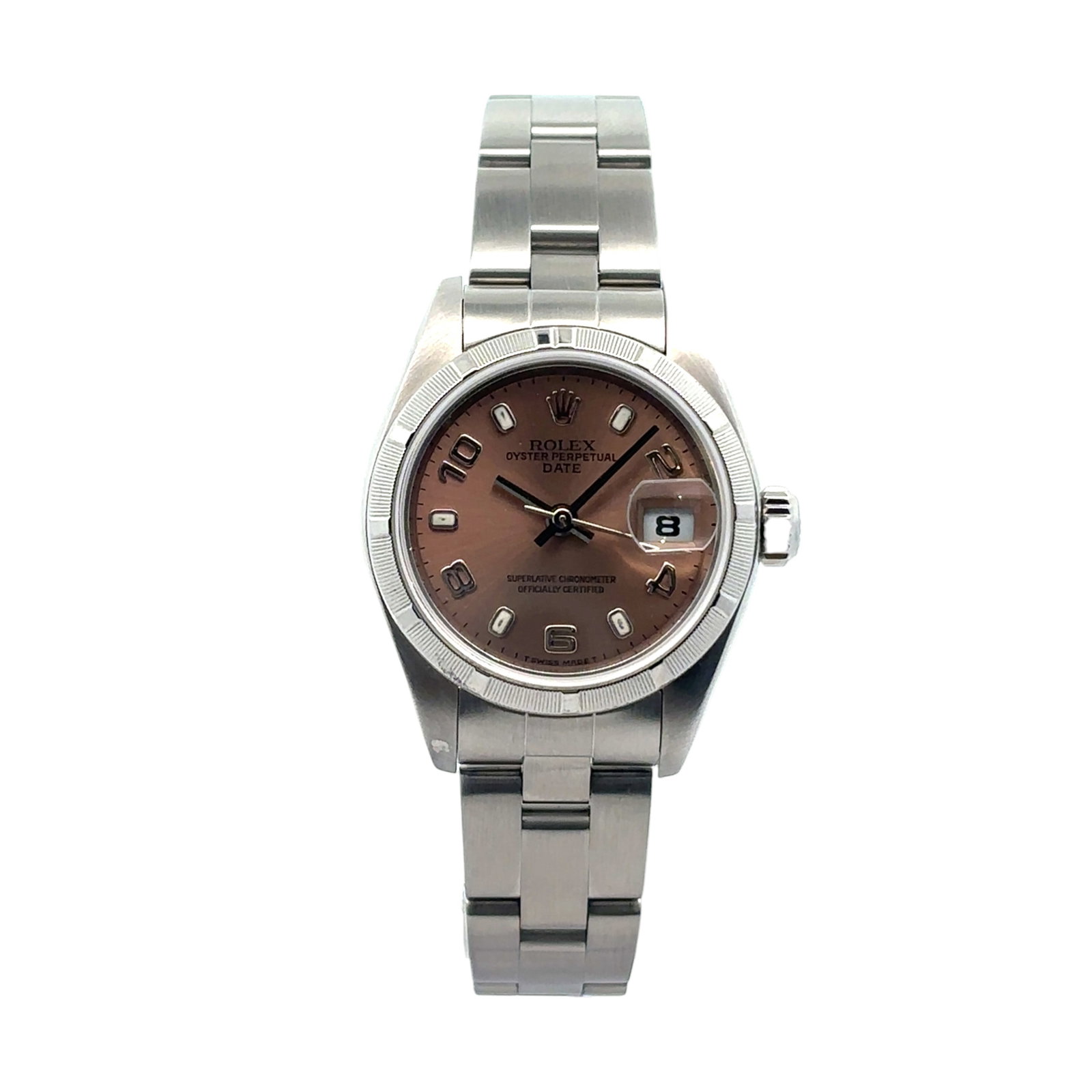 Rolex Oyster Perpetual Lady Date 79190 Steel Salmon Dial: The Rolex Oyster Perpetual Lady Date, Reference 79190, is a timeless expression of feminine elegance. Crafted from stainless steel, its 26mm Oyster case presents a beautifully balanced profile. The ex
