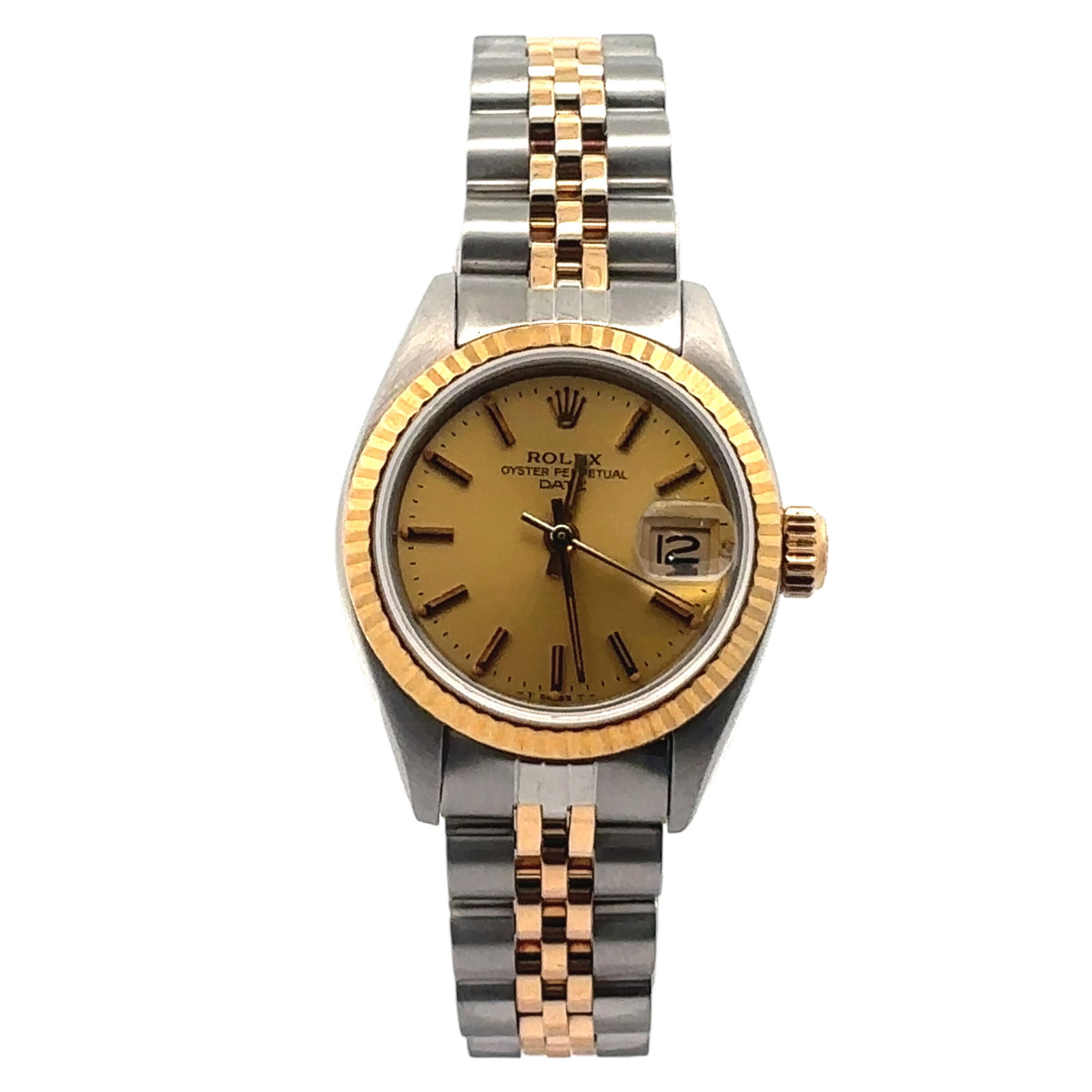 Rolex Date 6917 Two-Tone Yellow Gold Champagne Dial: The Rolex Date, Reference 6917, is a perfect blend of elegance and durability. Crafted in a stainless steel and 18K yellow gold two-tone case, it features the iconic yellow gold fluted bezel and a