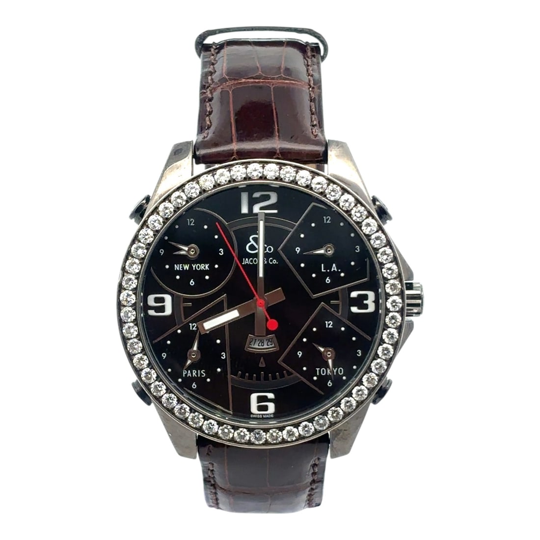 Jacob & Co Ref. A745 Stainless Steel Diamond Bezel Black Dial: The Jacob & Co Ref. A745 is a statement of bold luxury. Crafted in durable stainless steel, this timepiece features a captivating black dial and a dazzling diamond-set bezel that