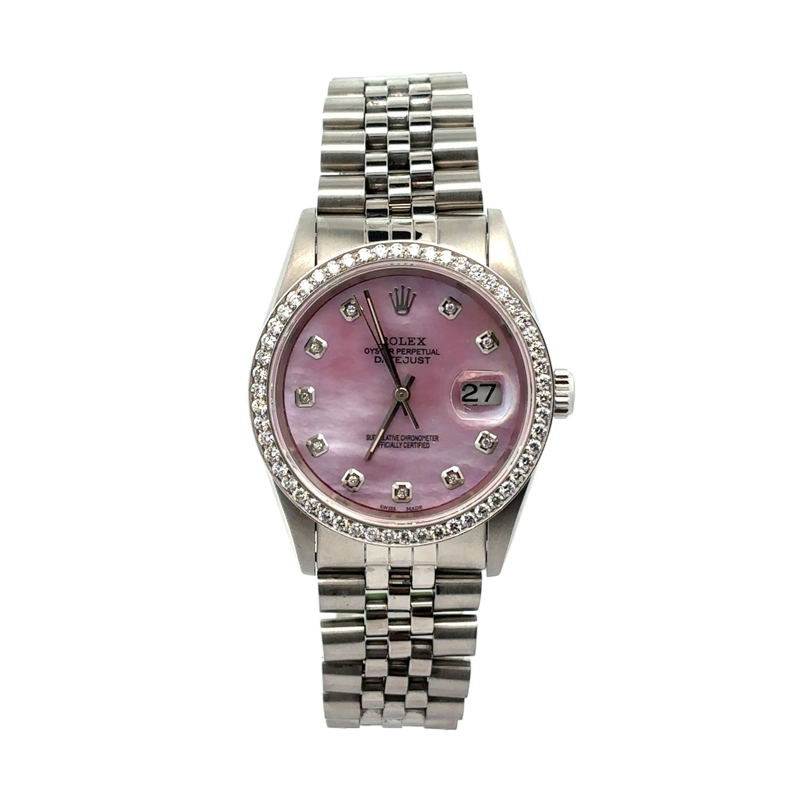 Rolex Datejust 16234 Steel White Gold Pink MOP Diamond Dial: The Rolex Datejust, Reference 16234, is a refined expression of timeless elegance. Encased in durable stainless steel with a luxurious 18K white gold bezel, this timepiece is further elevated by a