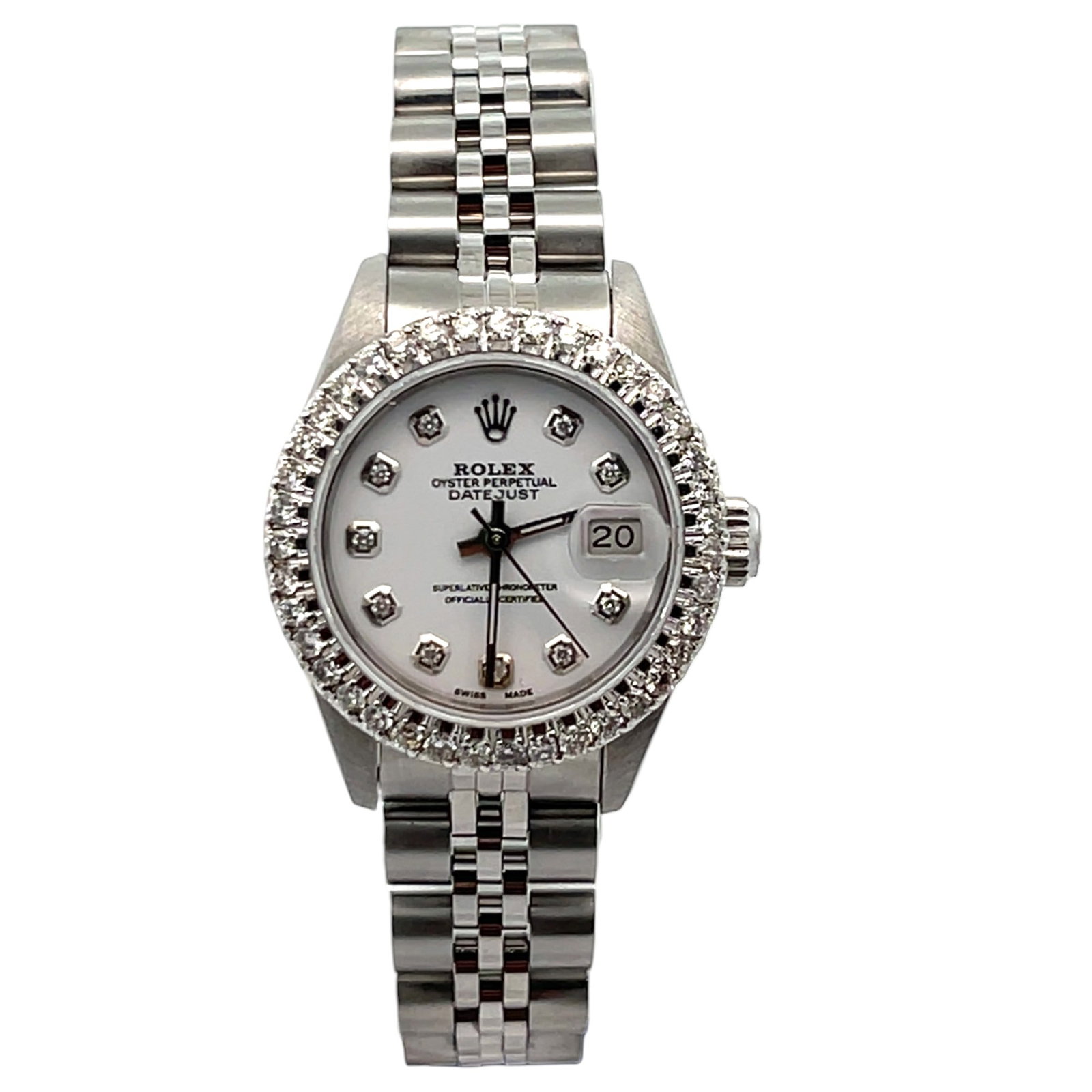 Rolex Datejust 69160 Stainless Steel Diamond Dial & Bezel: The Rolex Datejust, Reference 69160, is a radiant expression of feminine elegance. Crafted from stainless steel, this 26mm timepiece showcases a breathtaking white diamond-set dial, perfectly comp