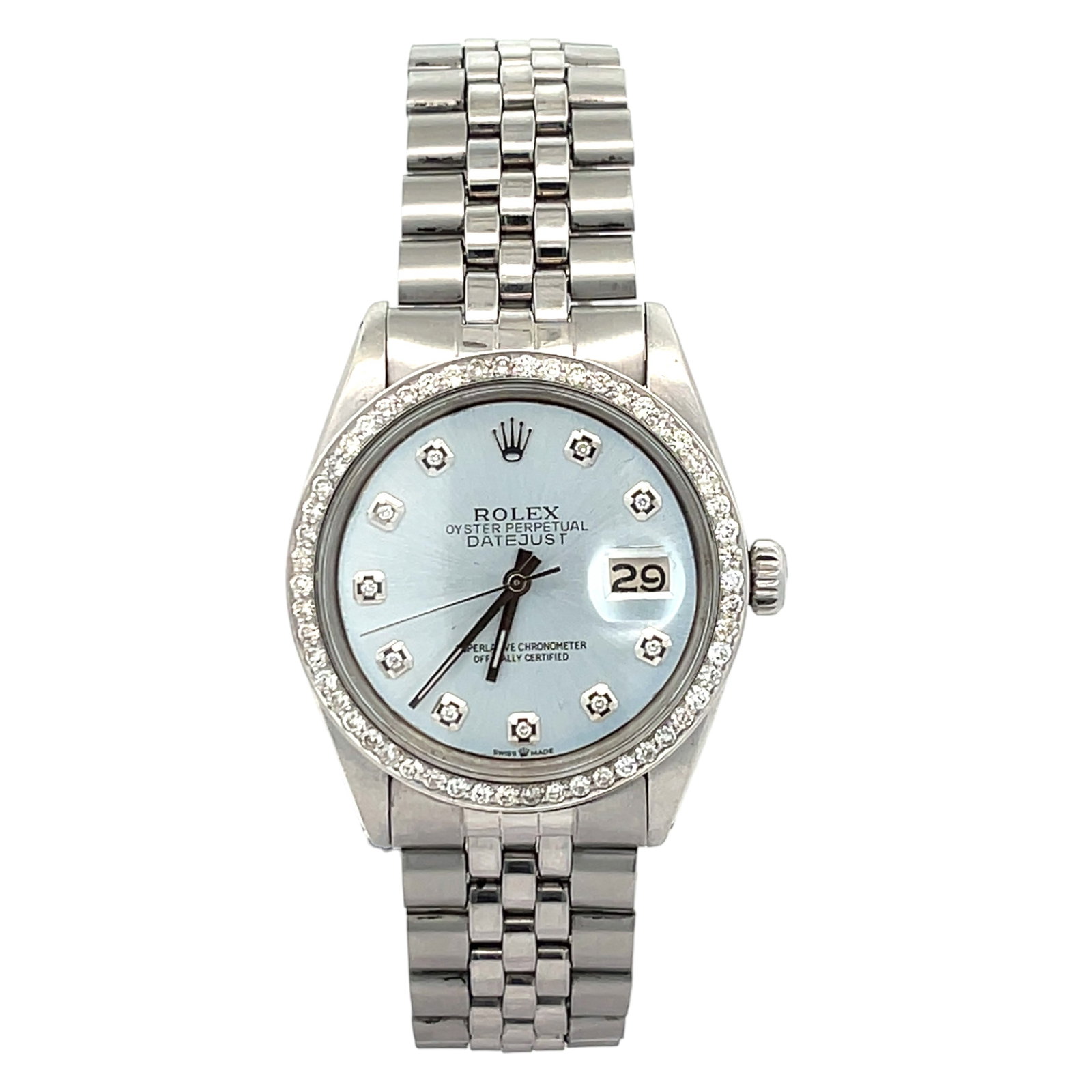 Rolex Datejust 1601 Steel Light Blue Diamond Dial: The Rolex Datejust, Reference 1601, is an icon of timeless elegance. This particular example is elevated by a custom diamond-set dial and a matching diamond bezel, both adding exceptional brillian