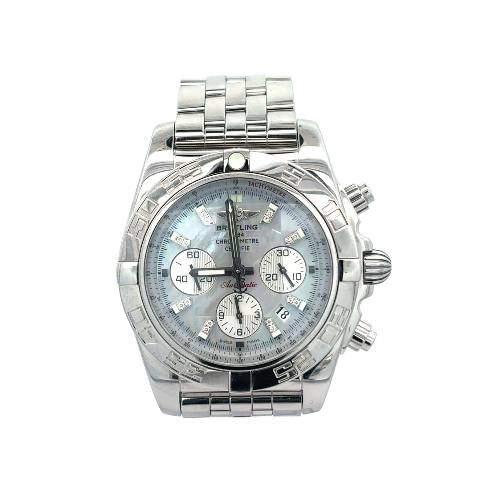 Breitling Chronomat 44 B01 AB0110 Stainless Steel MOP Diamond Dial: The Breitling Chronomat 44 B01, Reference AB0110, is a bold expression of technical mastery and sophisticated design. Crafted from robust stainless steel, this chronograph features a mesmerizing mothe