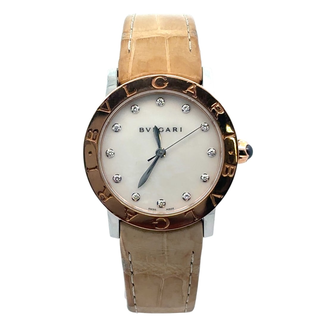 Bulgari BBP33SG Two-Tone 33mm Steel MOP Diamond Dial: The Bulgari Reference BBP33SG is a captivating expression of contemporary elegance. Crafted in a striking two-tone steel case, this timepiece features a sumptuous Mother-of-Pearl dial accented with di