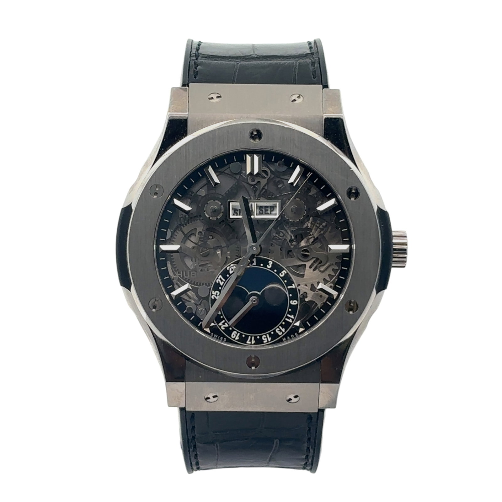 Hublot Classic Fusion Aerofusion Moonphase 517.CX.0170.LR Ceramic Skeleton Dial: The Hublot Classic Fusion Aerofusion Moonphase, Reference 517.CX.0170.LR, is a striking expression of modern horology. Its 45mm case is meticulously crafted from high-tech ceramic, offering lightweigh