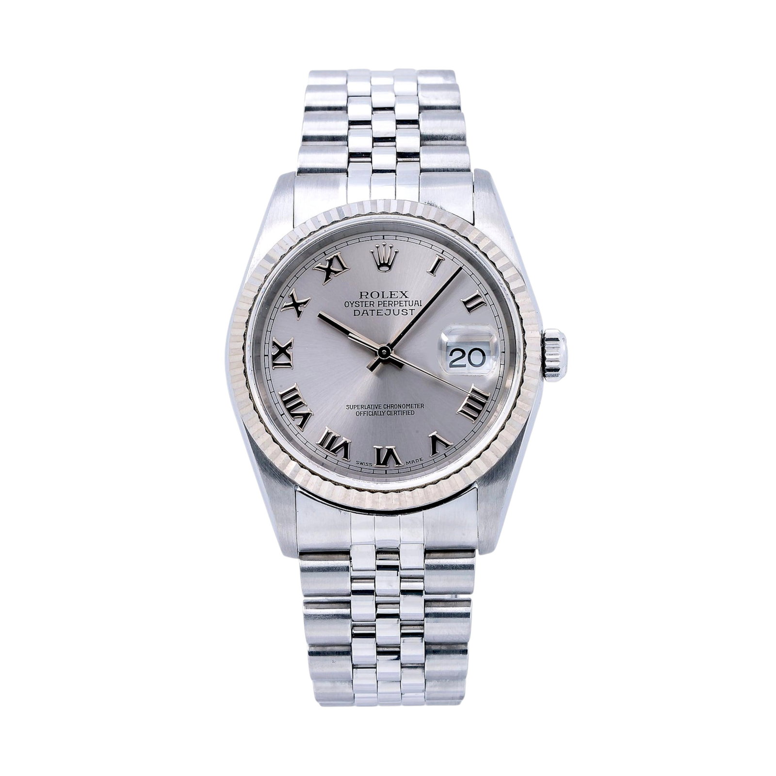 Rolex Datejust 16234 Stainless Steel Silver Roman Dial: The Rolex Datejust, Reference 16234, is a refined expression of classic elegance. Crafted from stainless steel, it features a luxurious fluted 18k white gold bezel that beautifully frames the