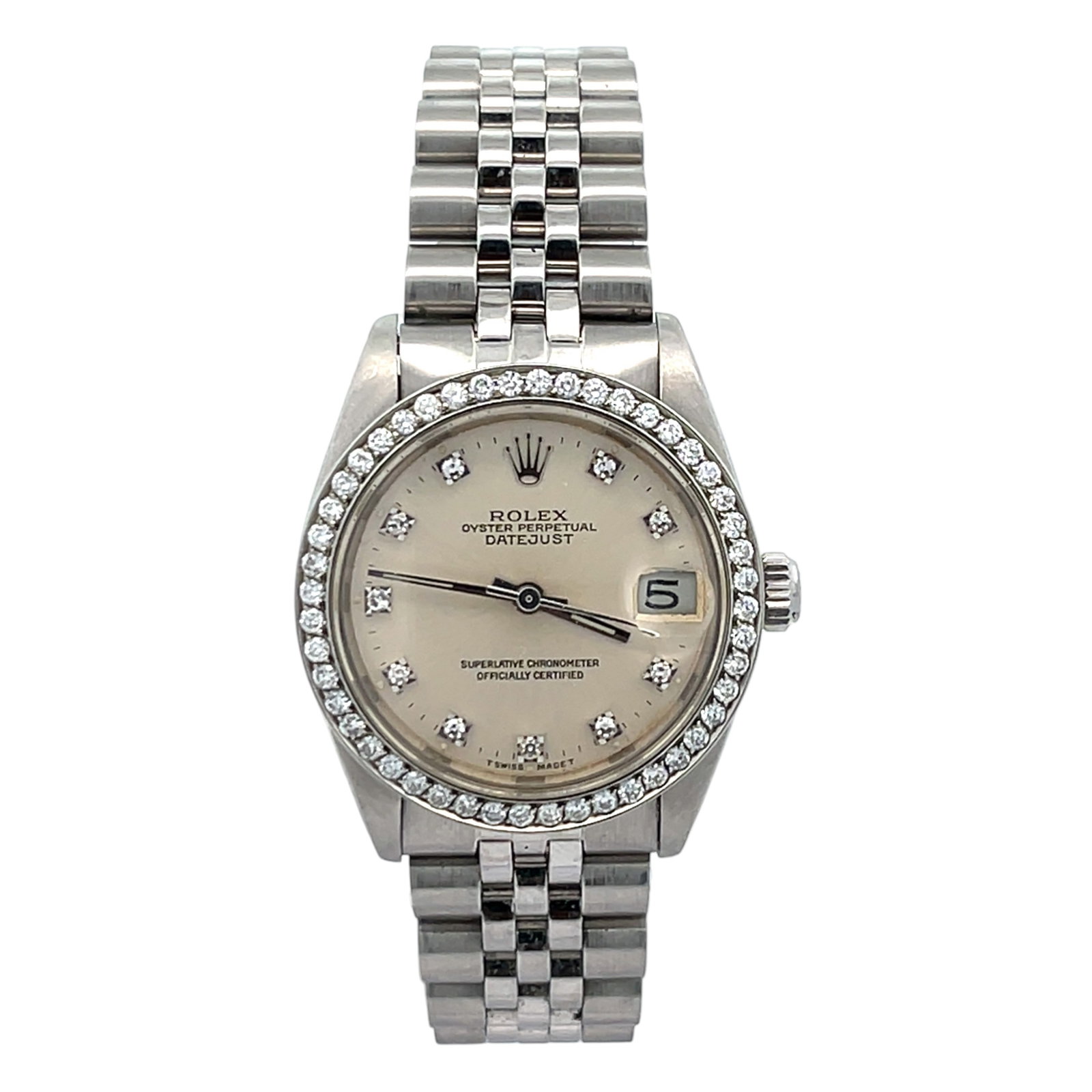 Rolex Datejust 6827 Steel Custom Diamond Dial & Bezel: The Rolex Datejust, Reference 6827, is an exquisite expression of timeless elegance and modern customization. Crafted from robust stainless steel, this mid-size 31mm watch features a dazzling custom s