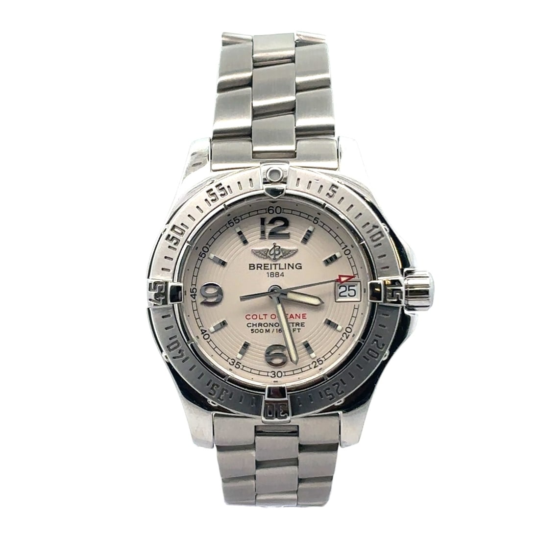Breitling Colt Oceane A77380 Stainless Steel Cream Dial: The Breitling Colt Oceane, Reference A77380, is a versatile and robust timepiece. Crafted in stainless steel, it features a stunning cream dial that offers a refined and legible display, perfect f