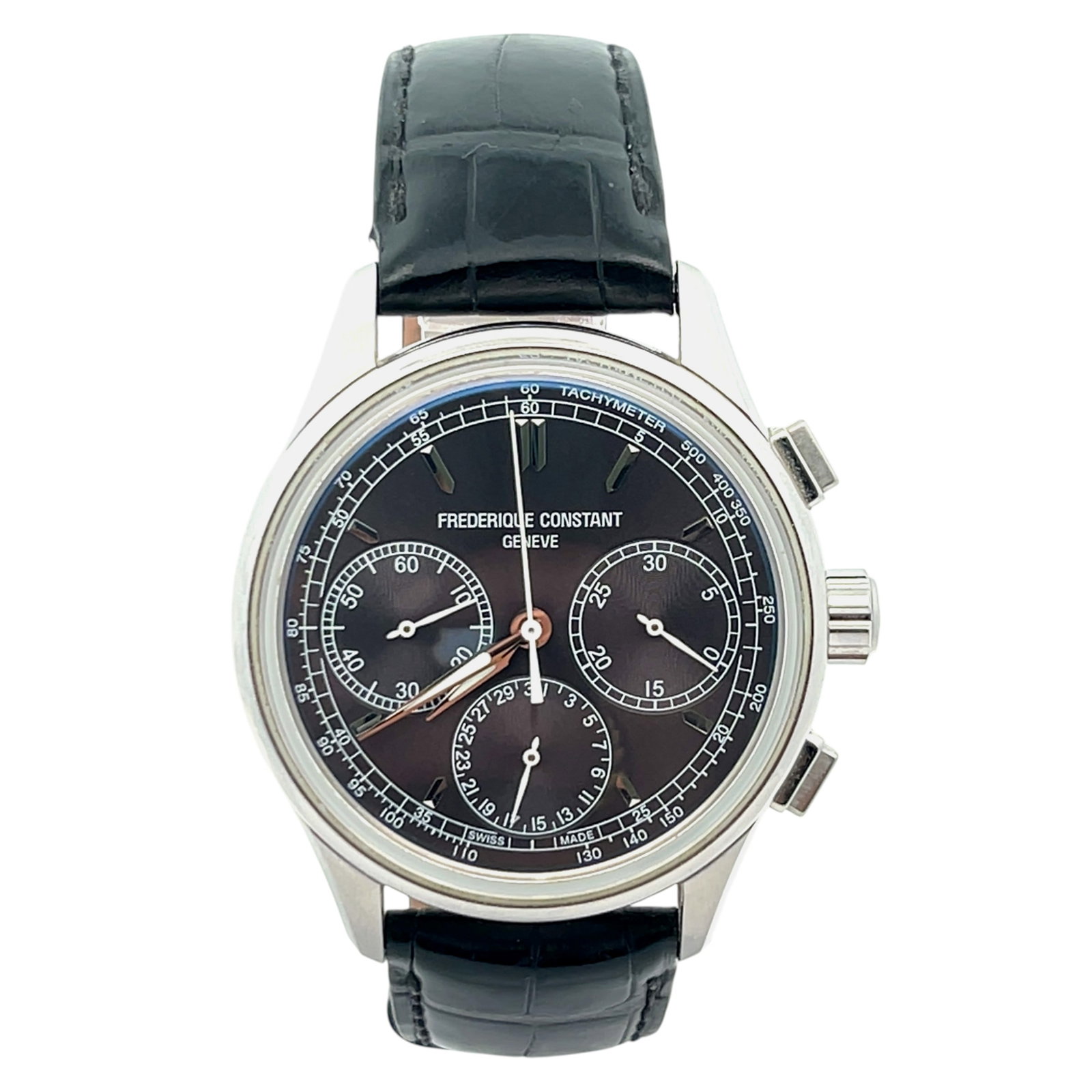 Frederique Constant FC-760X4H 4/6 Stainless Steel Black Dial: The Frederique Constant FC-760X4H 4/6 is a refined expression of modern watchmaking. Housed in a robust stainless steel case, its Black dial delivers a crisp, legible display with a subtle sunburs