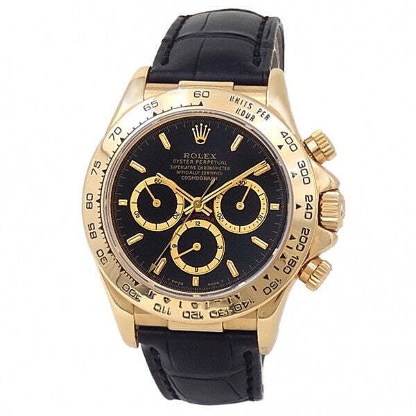 Rolex Daytona 16518 18k Yellow Gold Black Dial: The Rolex Daytona, Reference 16518, is an iconic statement of luxury and high-performance horology. Crafted in brilliant 18k yellow gold, this legendary chronograph features a deep black dial that