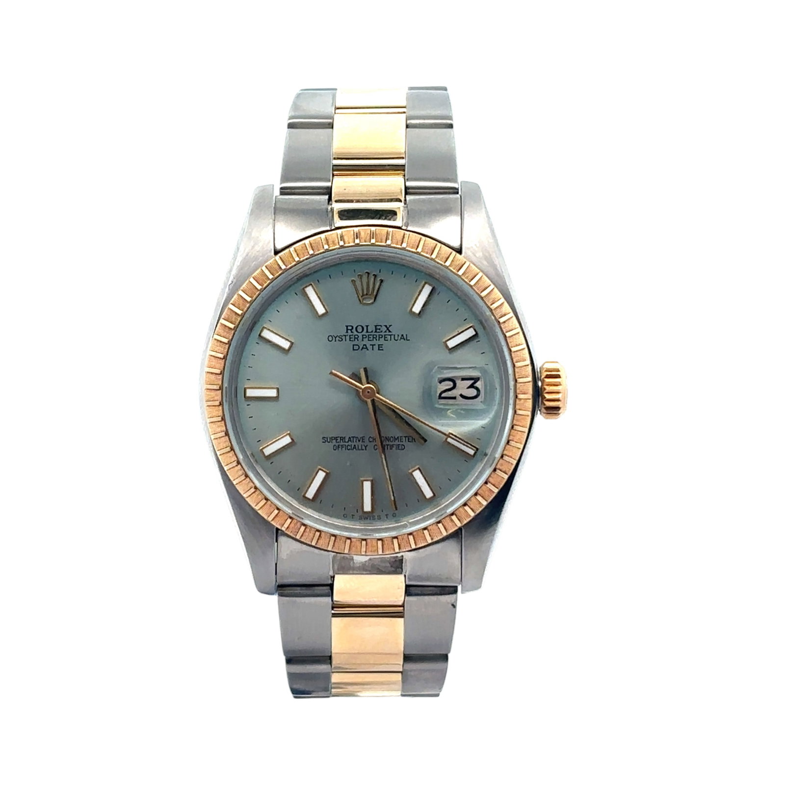 Rolex Oyster Perpetual Date 1505 Two-Tone Light Blue Dial: The Rolex Oyster Perpetual Date, Reference 1505, is a timeless expression of elegance and precision. Crafted in a refined two-tone combination of stainless steel and 18k yellow gold, this vintage piec