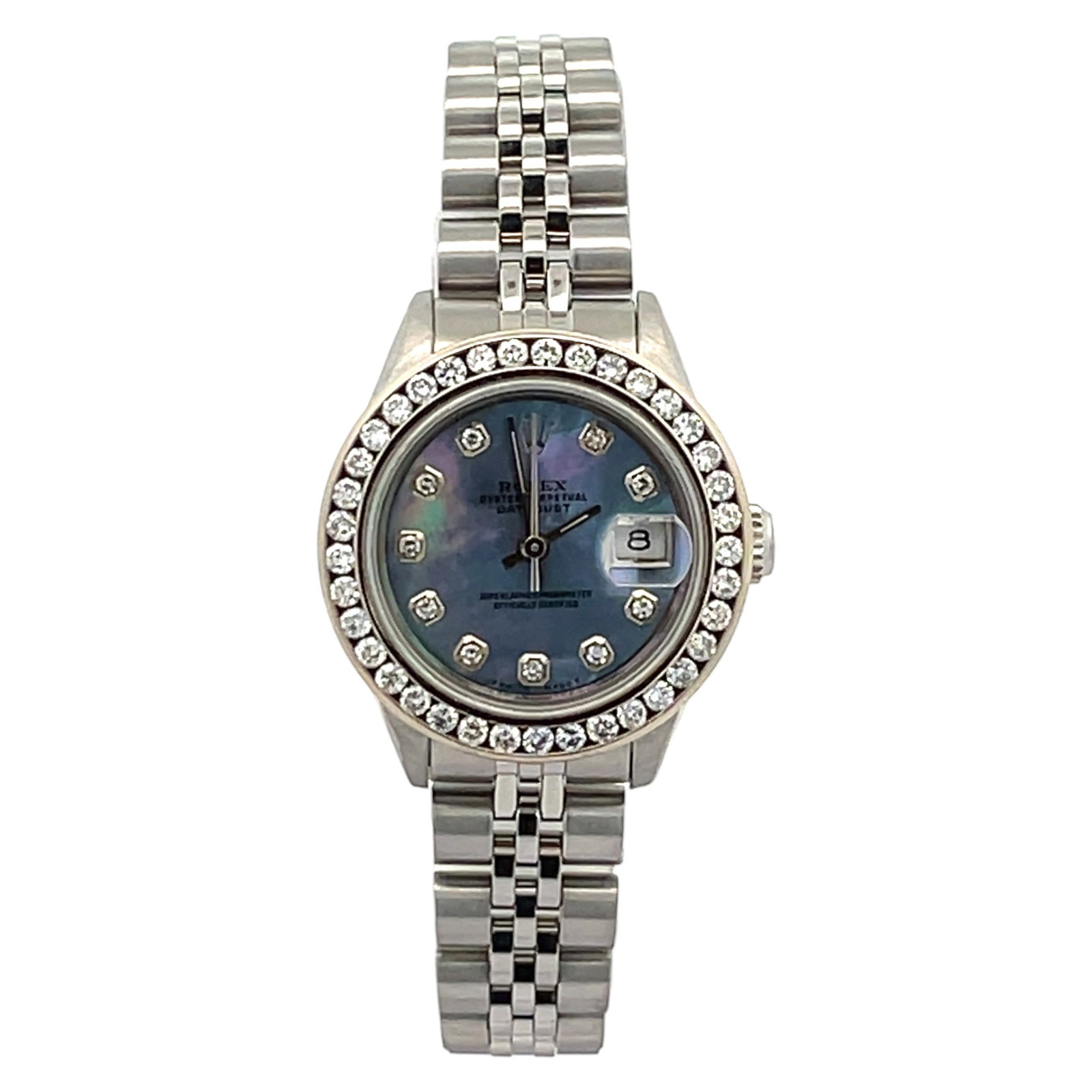 Rolex Lady-Datejust Ref. 69174 Steel/White Gold MOP Diamond Dial: The Rolex Lady-Datejust, Reference 69174, radiates timeless elegance. Its 26mm stainless steel case is complemented by a dazzling 18k white gold bezel set with brilliant-cut diamonds. The