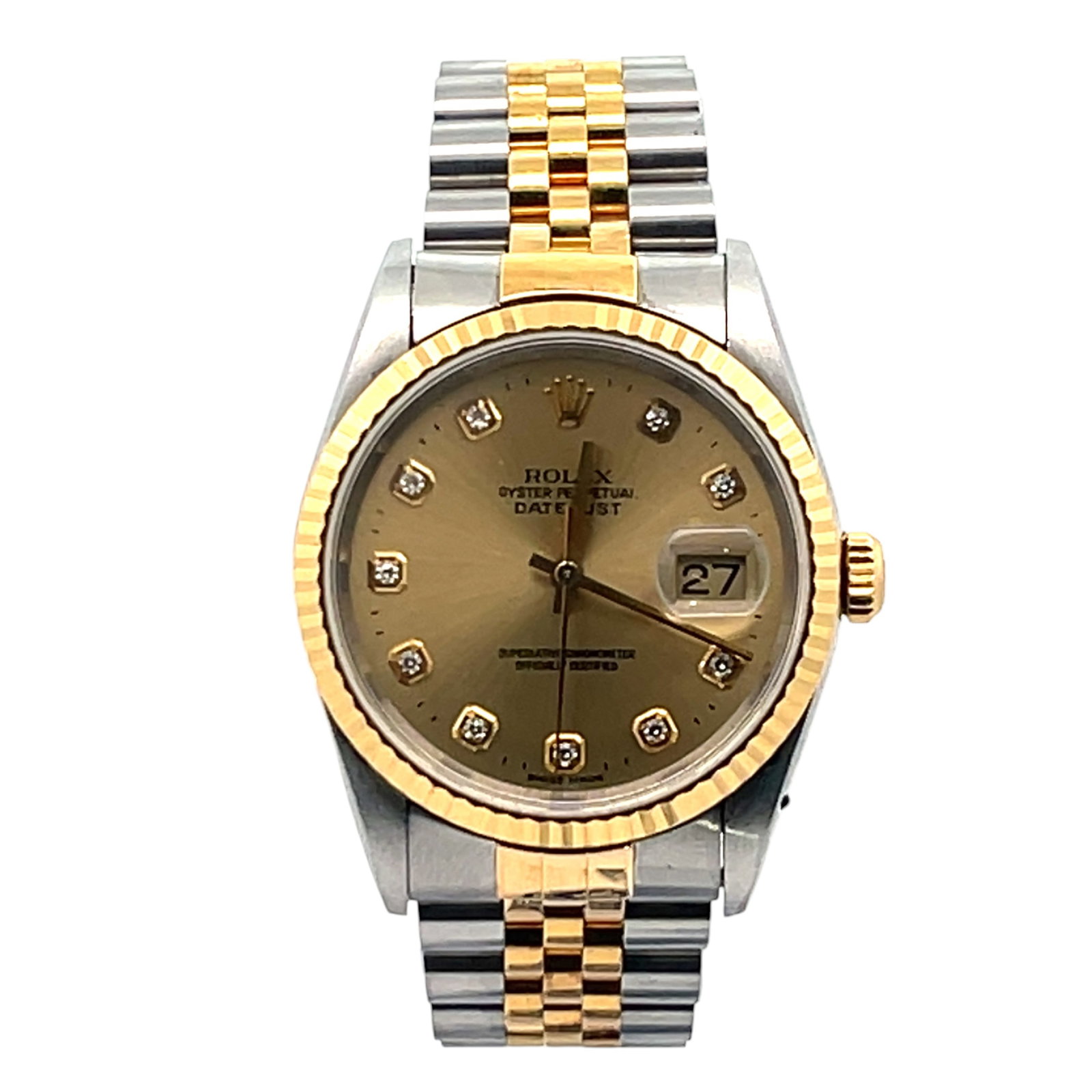 Rolex Datejust 36 16233 Stainless Steel & 18K Gold Champagne Diamond Dial: The Rolex Datejust 36, Reference 16233, exemplifies timeless elegance with a flawless blend of robust stainless steel and luxurious 18K yellow gold. The stunning champagne diamond dial