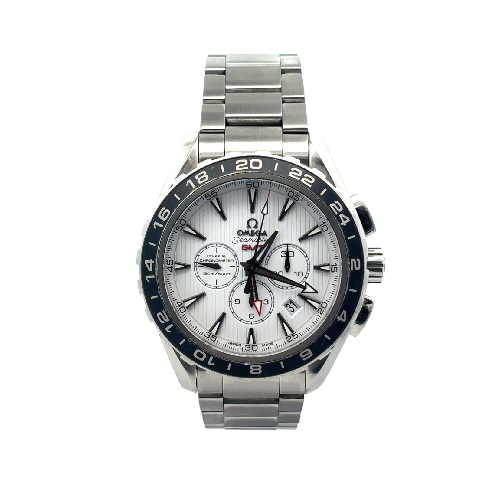 Omega Seamaster Aqua Terra Stainless Steel White Dial 44mm 231.10.44.52.04.001: The Omega Seamaster Aqua Terra GMT, Reference 231.10.44.52.04.001, is a refined yet robust sports watch crafted in stainless steel with a 44mm case and matching bracelet. It features a white ?teak con