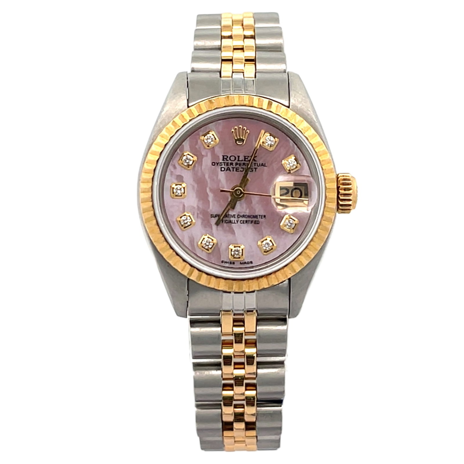 Rolex Lady-Datejust 6917 Two-Tone Pink MOP Diamond Dial: The Rolex Lady-Datejust, Reference 6917, is a timeless symbol of elegance. Crafted in a two-tone stainless steel and yellow gold case, this ladies' timepiece features a truly captivating Pink Mother-o