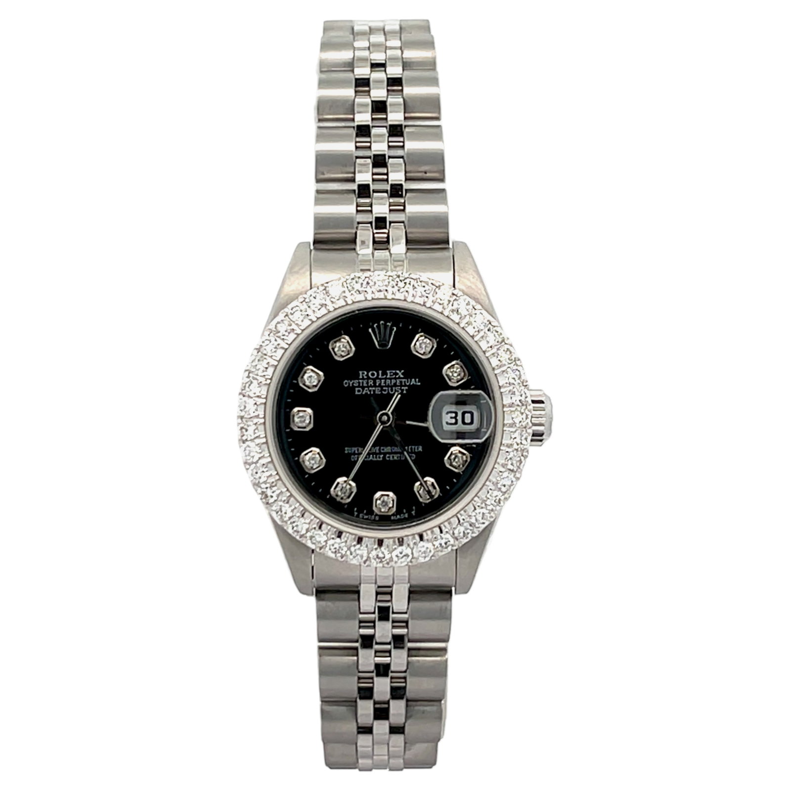 Rolex Date 79240 26mm Stainless Steel Custom Diamond Dial & Bezel: The Rolex Date, Reference 79240, is a captivating blend of classic design and dazzling aftermarket customization. Crafted in robust stainless steel, this ladies' timepiece features a luxurious custom 