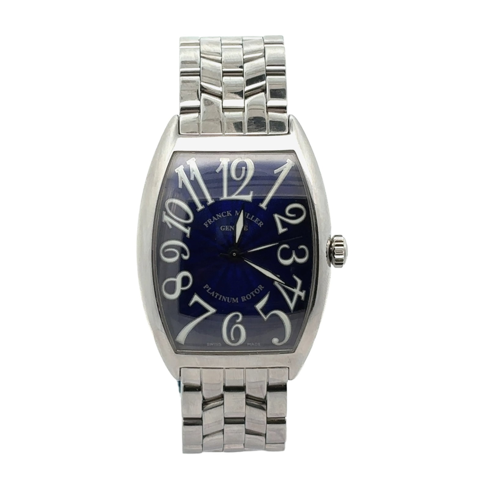 Franck Muller Cintree Curvex 6850 SC Steel Blue Dial: The Franck Muller Cintree Curvex, Reference 6850 SC, is a captivating embodiment of Art Deco design. Crafted in stainless steel, this timepiece features a stunning royal blue guilloche dial that d