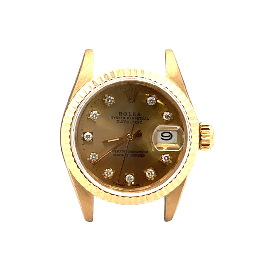 Rolex Oyster Perpetual Lady Date 6916 18K Gold Champagne Diamond Dial 26mm Head Only: The Rolex Oyster Perpetual Lady Date, Reference 6916, is an exquisite expression of timeless elegance. Crafted in 18K gold, this ladies' timepiece features a mesmerizing Champagne diamond dial, wh