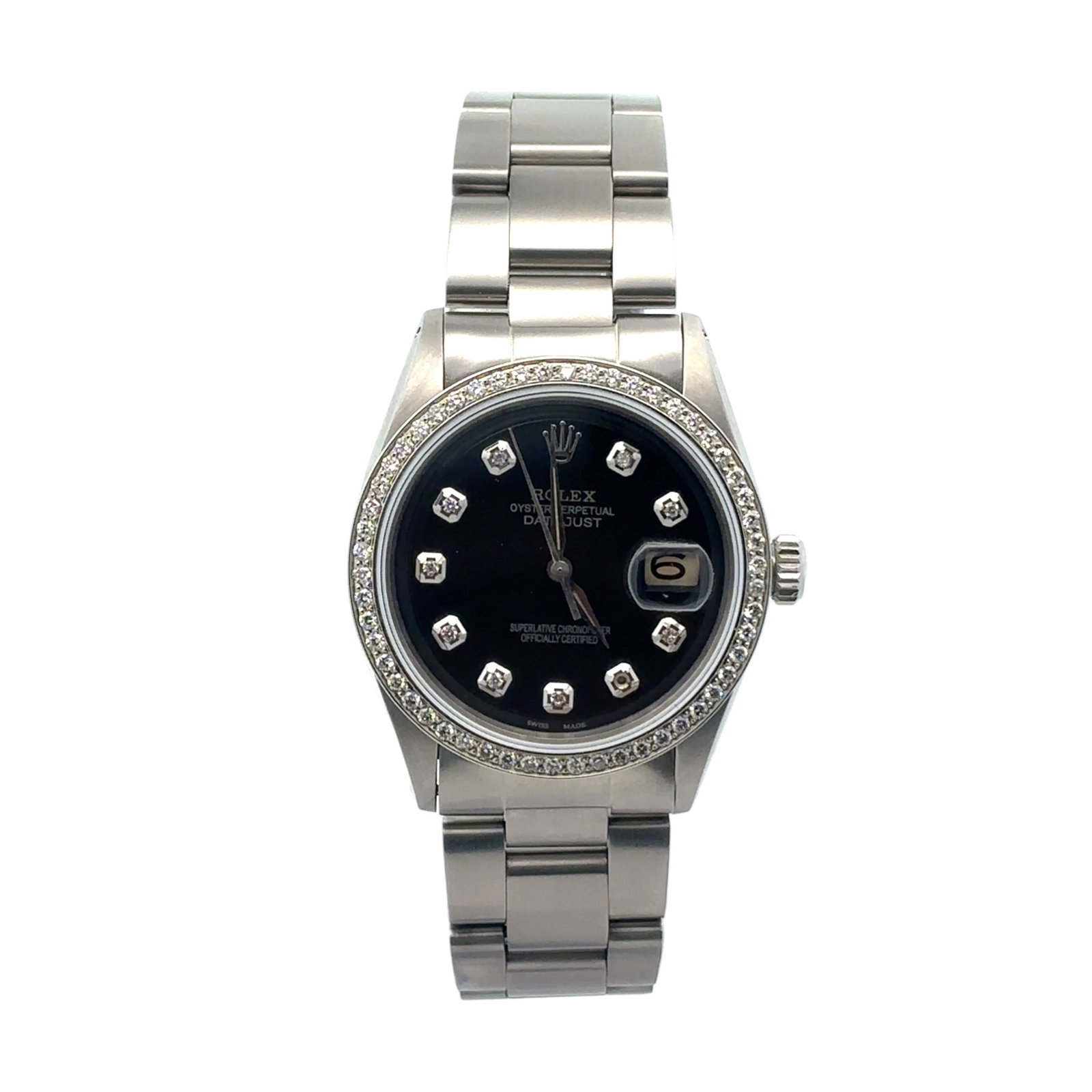 Rolex Datejust 36mm 1601 Stainless Steel Black Diamond Dial & Diamond Bezel: The Rolex Datejust, Reference 1601, is a timeless classic reimagined with custom elegance. Crafted from durable stainless steel, this 36mm timepiece features a striking black dial adorned with diamond