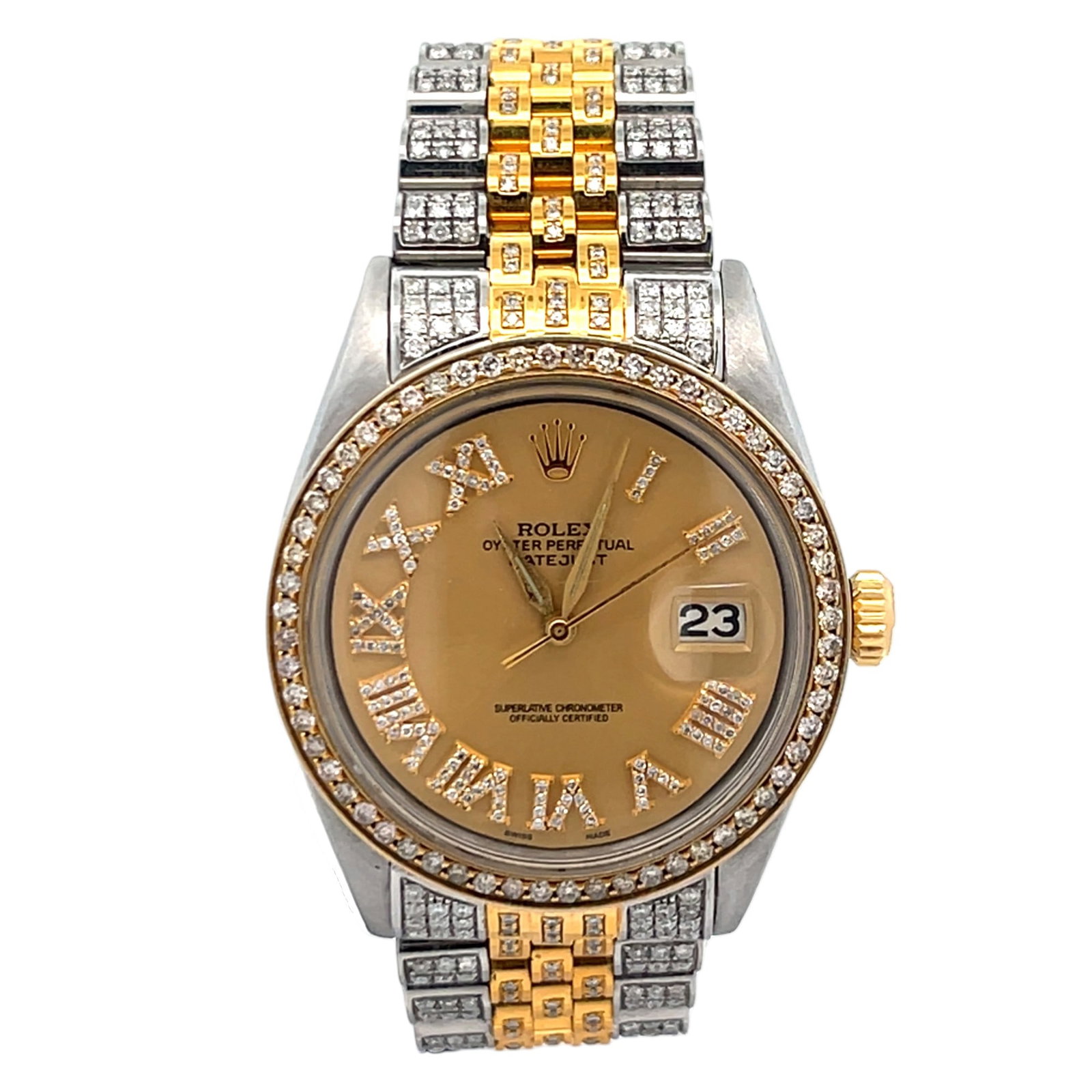 Rolex Datejust 1601 Two-Tone Champagne Diamond Dial & Diamond Bezel: The Rolex Datejust, Reference 1601, presented here, showcases an exceptional blend of timeless elegance and custom brilliance. Crafted from a harmonious two-tone combination of stainless steel and 18k