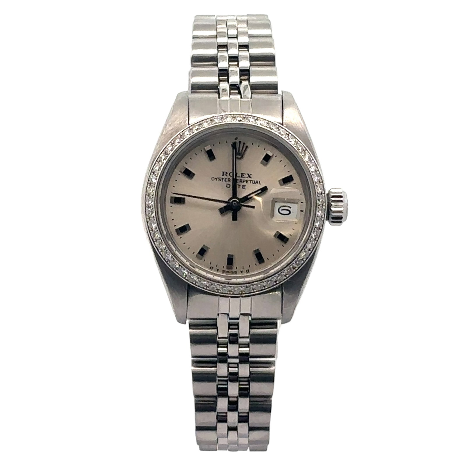 Rolex Date 6917 Stainless Steel Jubilee Diamond Bezel Silver Dial: The Rolex Date, Reference 6917, is an exquisite ladies' timepiece that seamlessly blends elegance with precision. Housed in a robust stainless steel case, the watch features a sophisticated silver dia