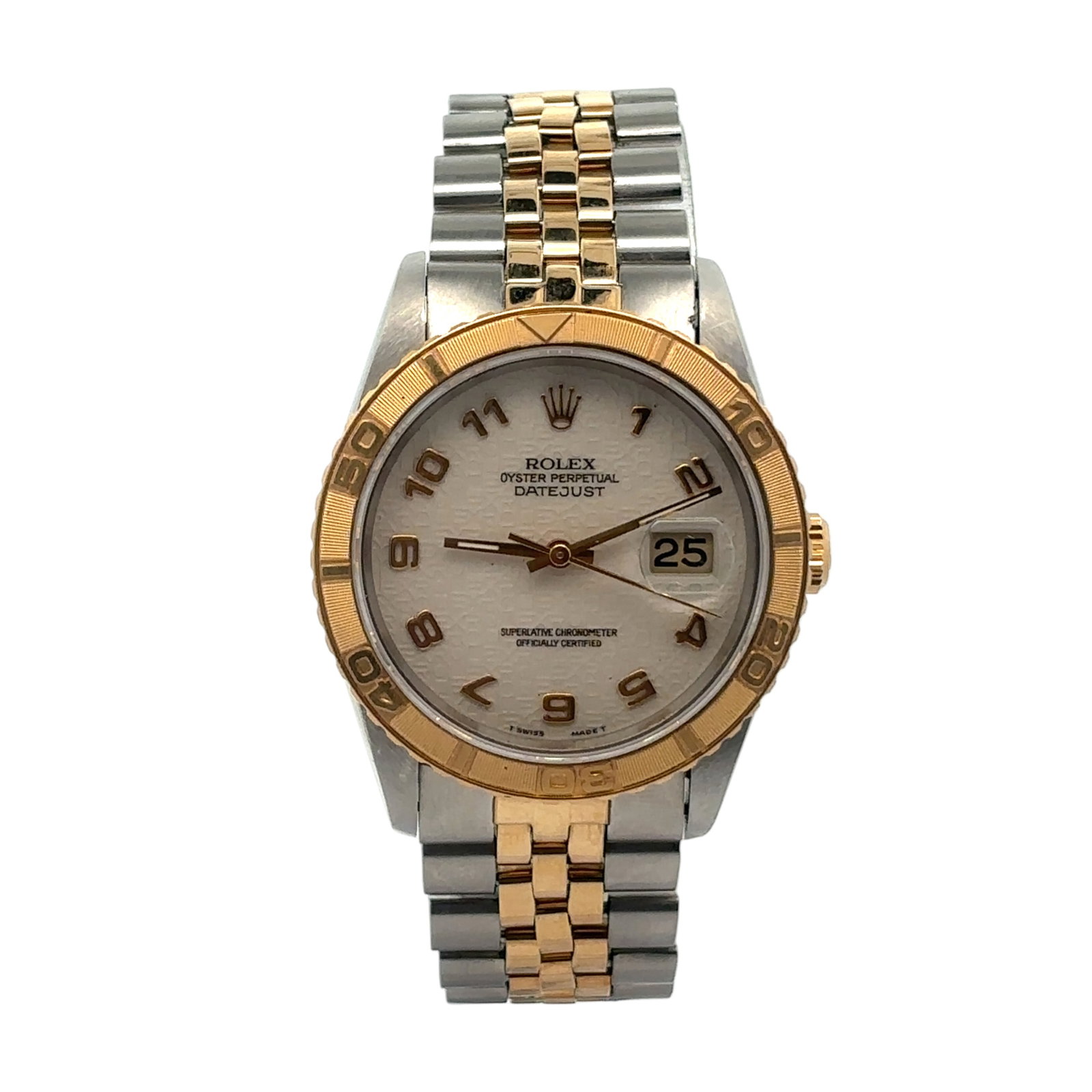 Rolex Datejust Turn-O-Graph 16263 Two-Tone Cream Roman Anniversary Dial: The Rolex Datejust Turn-O-Graph, Reference 16263, is a captivating fusion of sporty functionality and timeless dress-watch aesthetics. Its robust 36mm Oyster case is executed in a radiant Two-Tone fin